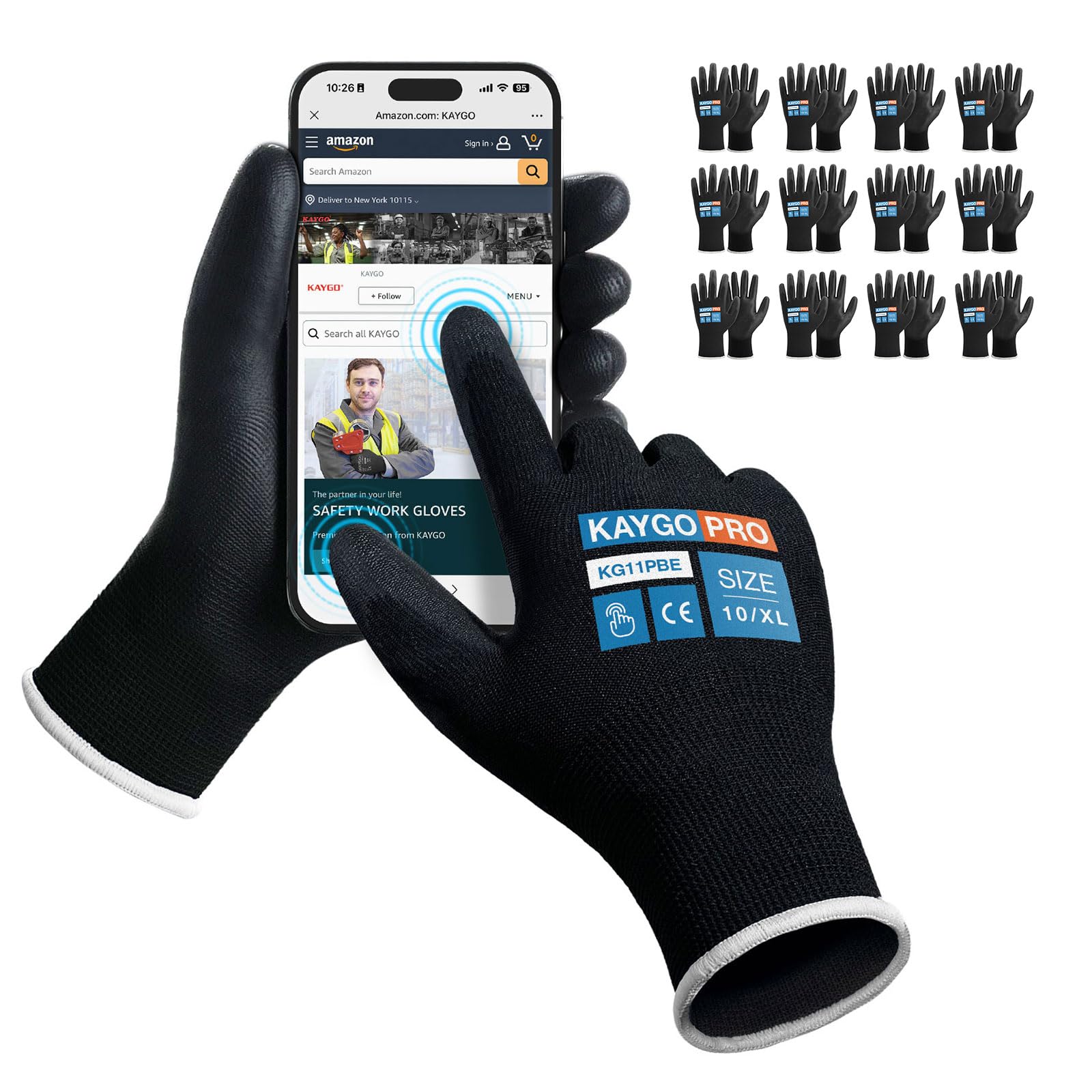 KAYGO Safety Work Gloves PU Coated for Men and Women- KG11PB,12 Pairs,Seamless Knit Glove with Two Fingers Touchscreen,Ideal for General Duty Work (X-Large,Black)