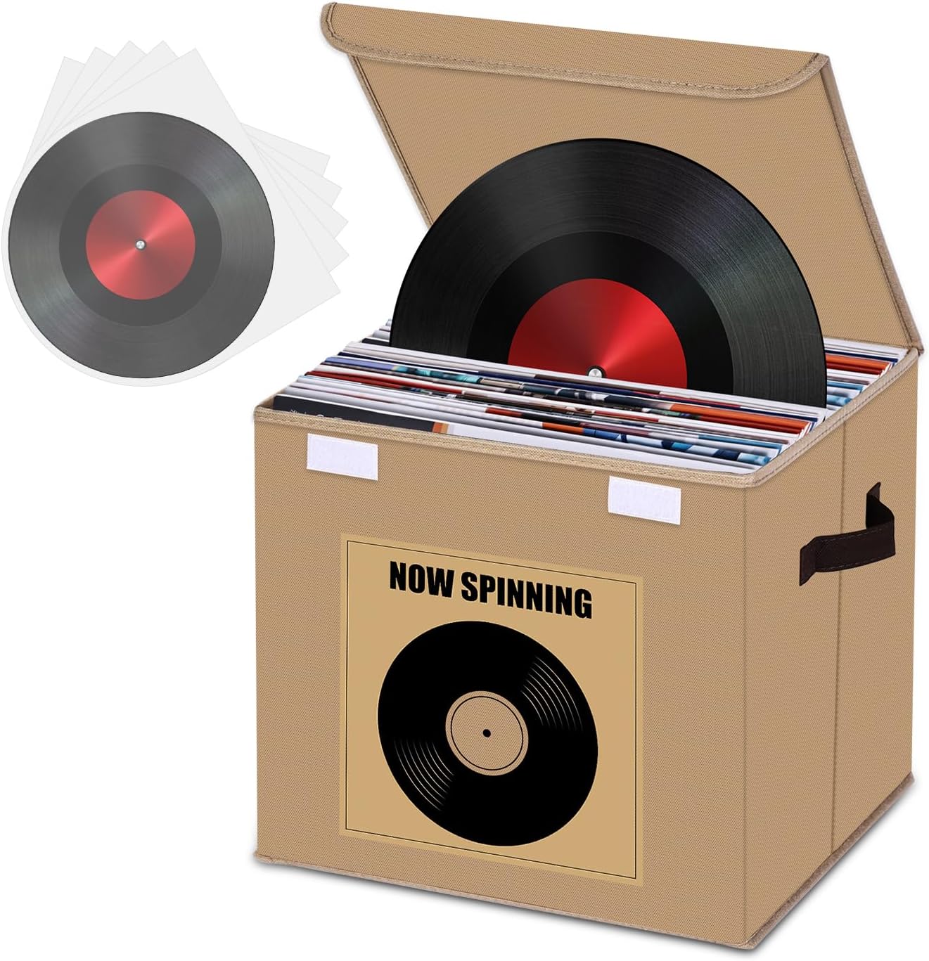 Vinyl Record Storage Box, Stackable & Collapsible LP Storage Boxes Hold Up To 90 12-Inch Records, Sealed & Dust-Proof for Valuable Album Collection, 35.5 x 33 x 33 cm (Beige)