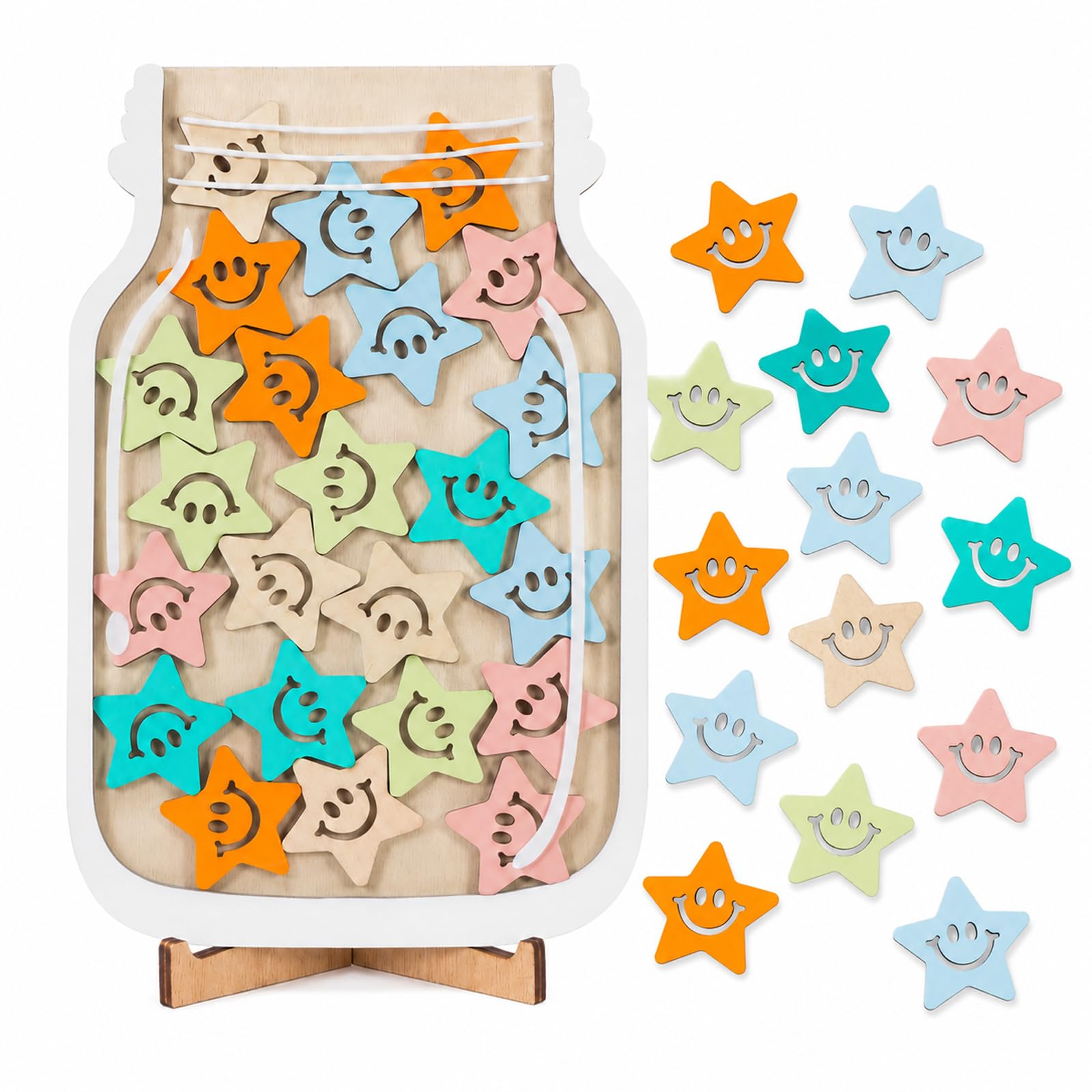 Star Reward Jar, Reward Incentive Jar with Stars, Good Behaviour Chart Reward Pot, Pink Reward Incentive Jar with Stars, Star Jar Reward System for Home School Classroom Teacher Parent (Smiley face)