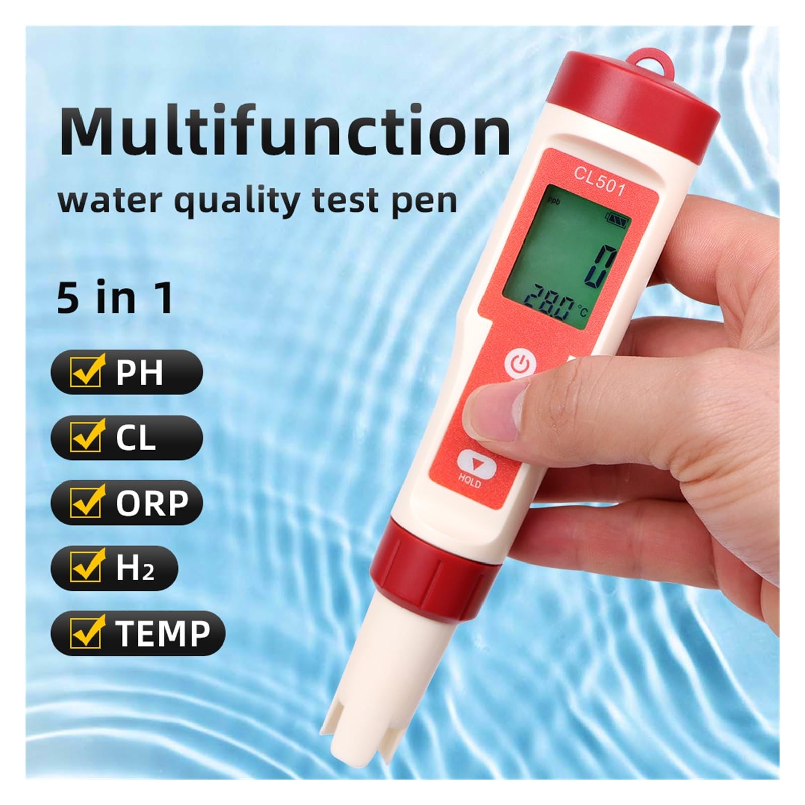 Misuratore di pH/CL2/H2/ORP/temperatura, rilevatore Cloro, Tester Digitale 5 in 1 for la qualità dell'Acqua for Piscine, Acqua Potabile, Acquario(5 in 1)