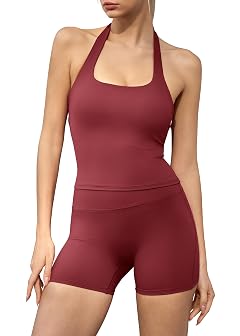 QINSEN 2 Piece Workout Sets for Women Halter Neck Backless Tank Top High Waisted Tummy Control Shorts Yoga