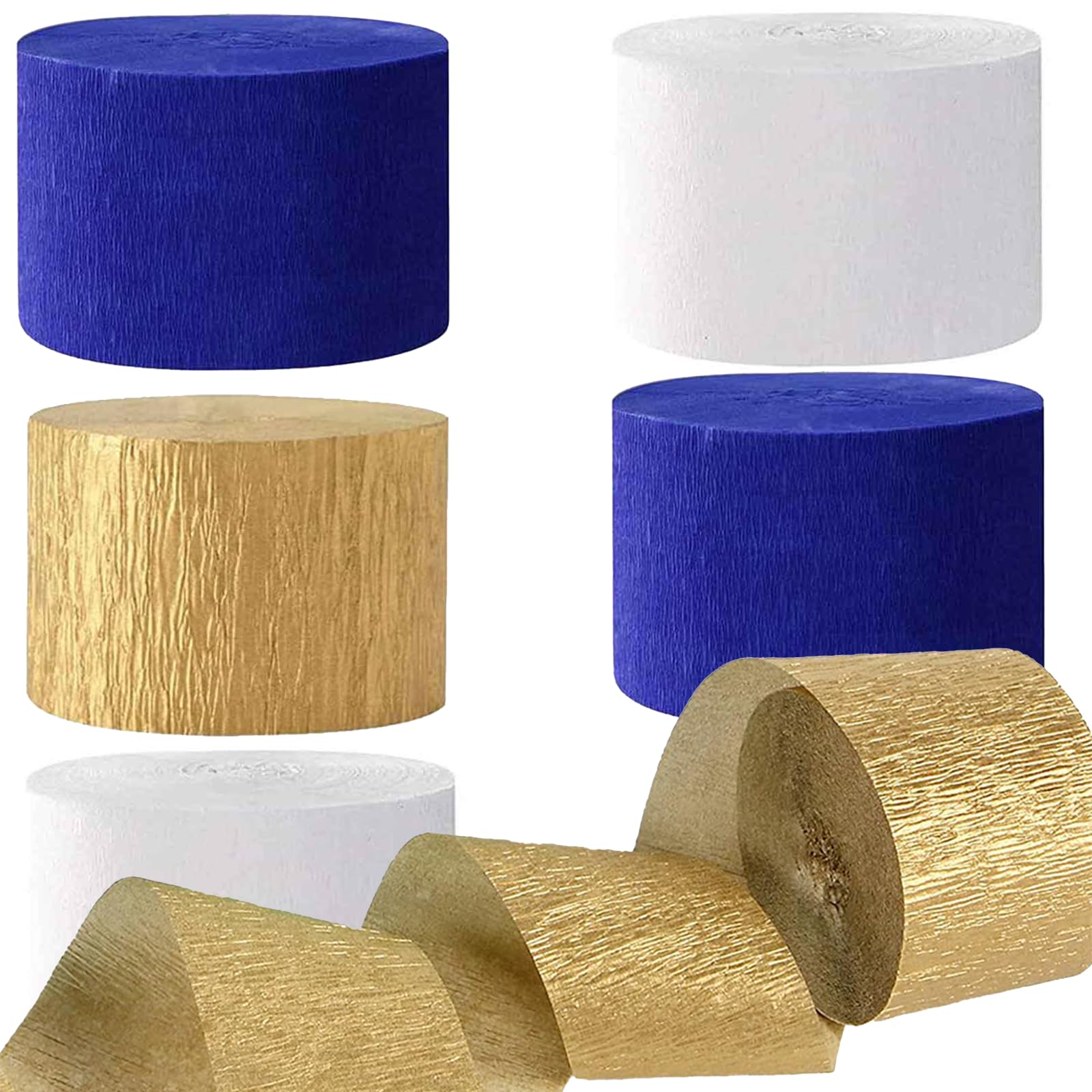 We Moment Navy Blue Gold White Crepe Paper Streamers Party Streamer 1.8 Inch Widening 6 Rolls,Royal Blue Gold Party Decorations Streamer 82 feet per roll for Graduation Boy Birthday Party Decorations