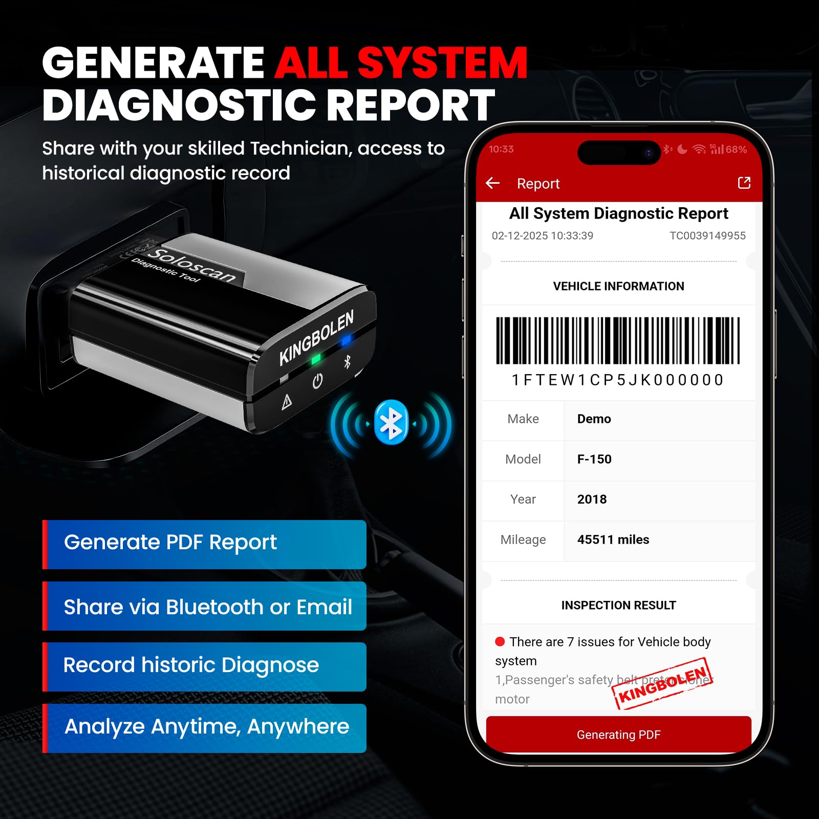 KINGBOLEN Soloscan OBD2 Auto Diagnostica per Ford/Mazda/Lincoln, Bluetooth Diagnosi Auto Professionale in Italiano, per Sistema Completo, 50+ Servizi, Aggiornamento a Vita