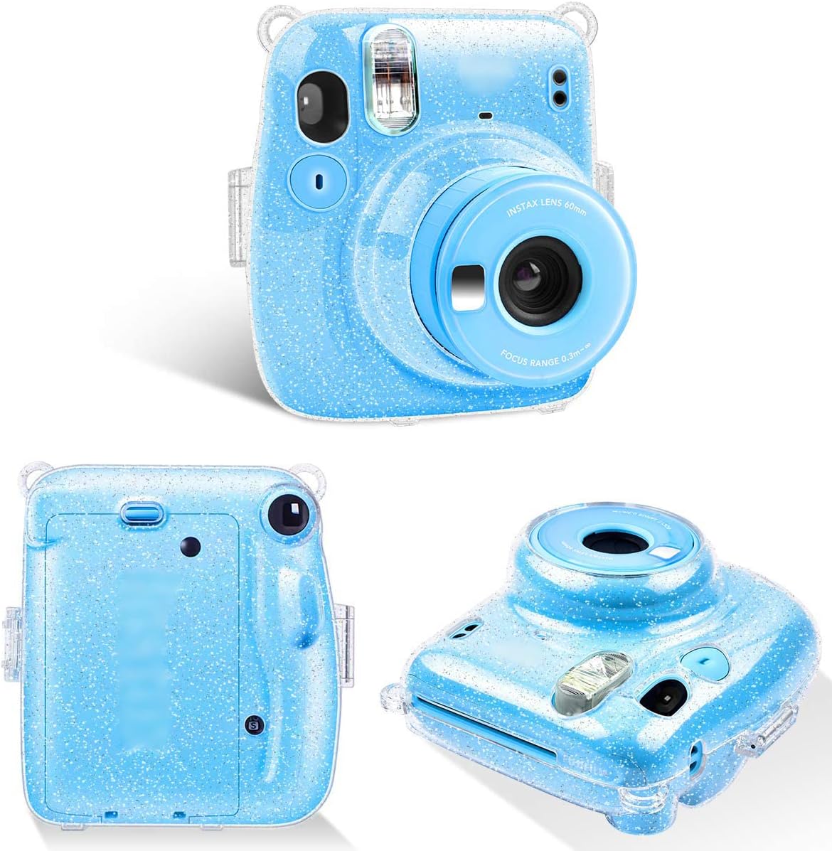 SAIKA Protective Crystal Case Compatible with Fujifilm for Instax Mini 12/11 Instant Film Camera, Hard Glitter PVC Cover with Cute Adjustable Should Strap