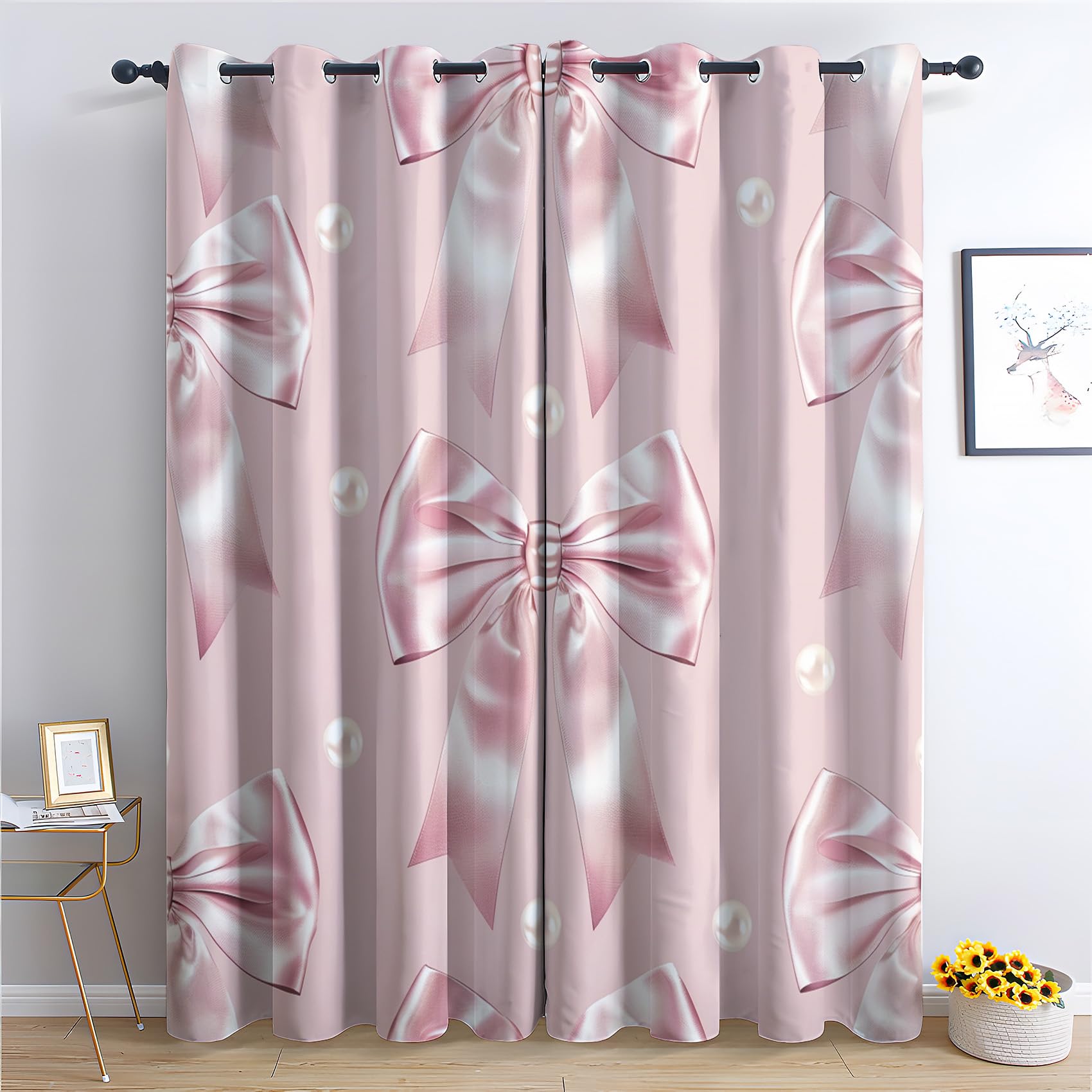 Niyaka Girls Pink Bow Blackout Curtains For Living Room, Cute Feminine Curtains For Bedroom, Thermal Insulated Noise Reduction Eyelet Window Treatments 90 Drop, 2 Panels Drapes (W90 X L90)