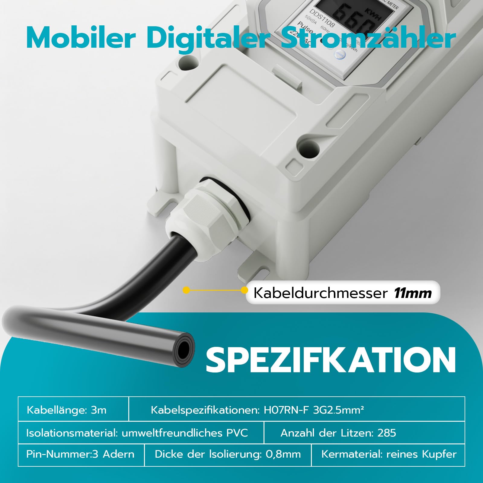 Mobiler Digitaler Stromzähler, 230V LED-Zwischenzähler mit Speicher/Reset