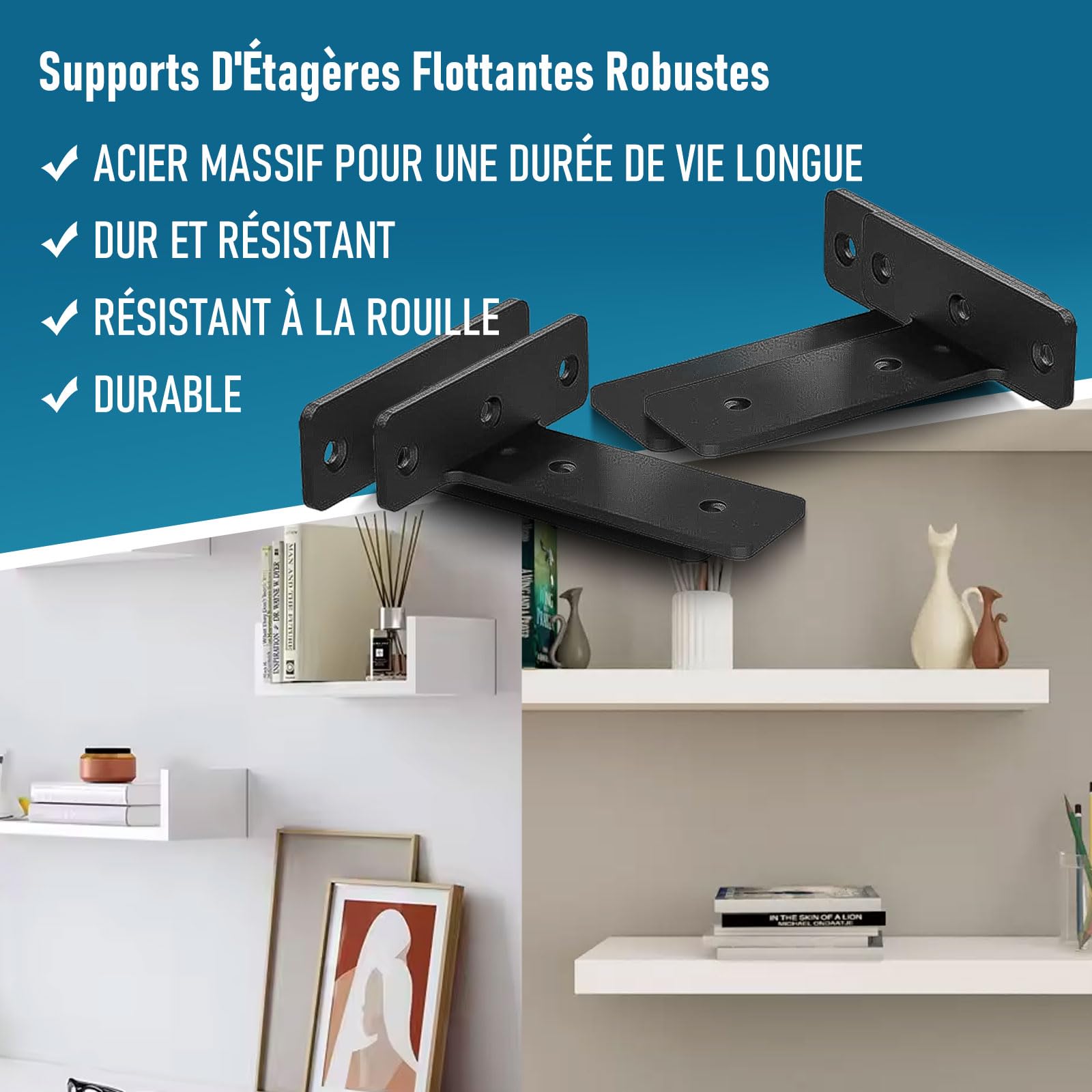 6 Pièces Equerre Etagere Murale, Equerre Etagere Murale Métal en Fer | 5 mm D'épaisseur, Supports D'étagère En Bois pour Étagères Ouvertes de Bricolage (Noir, 15 cm)