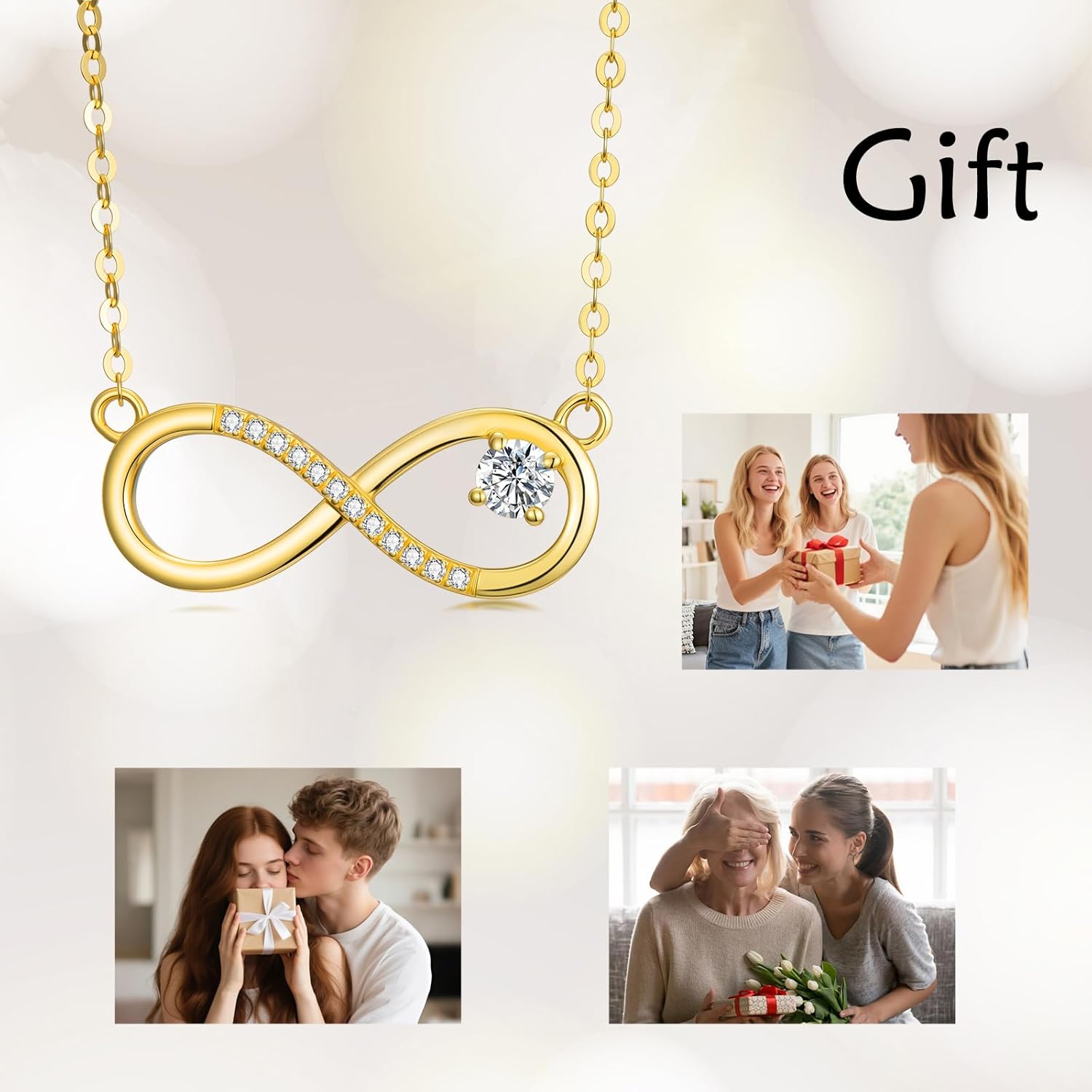 SISGEM 14k Gold Natural Diamond and Created Moissanite Infinity Necklace for Women, 14 Karat Gold Jewelry Gifts for Her, 16-18 inch - Image 6