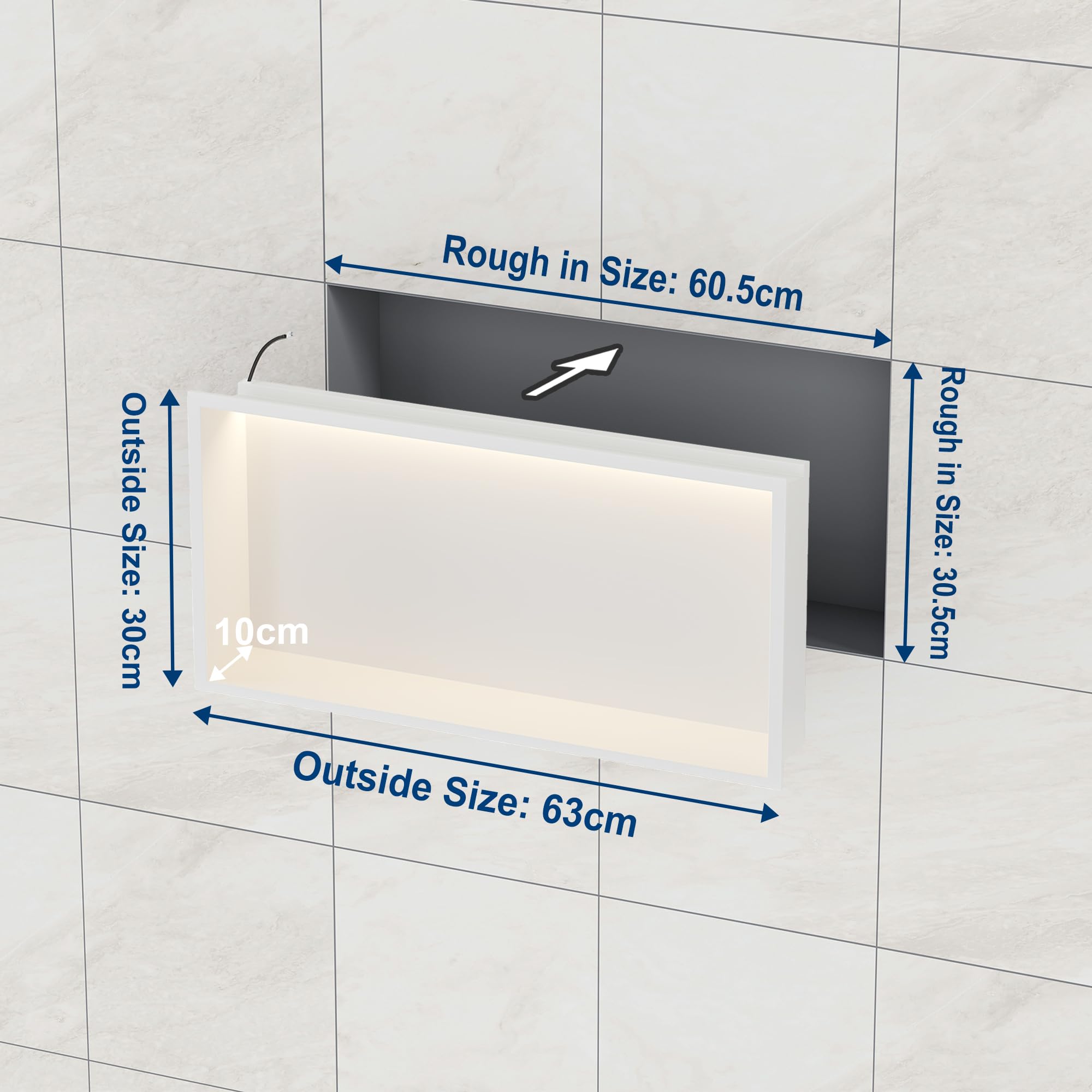 Doccia a muro in acciaio inox con luce a LED, 60 x 30 cm, con 3 colori per il bagno, colore: bianco
