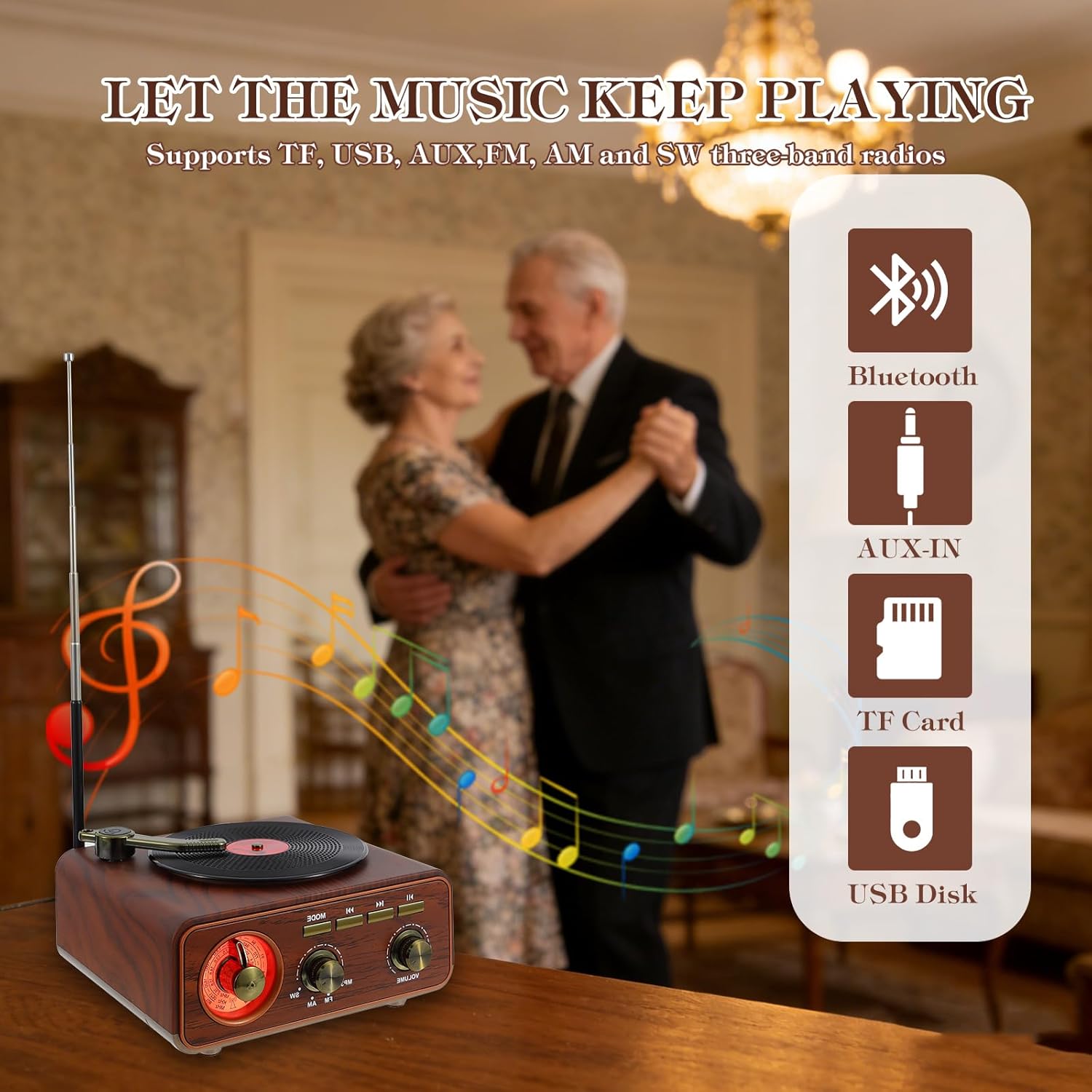 Feexot Retro Radio showing various input options: Bluetooth, AUX-IN, TF Card, and USB Disk.