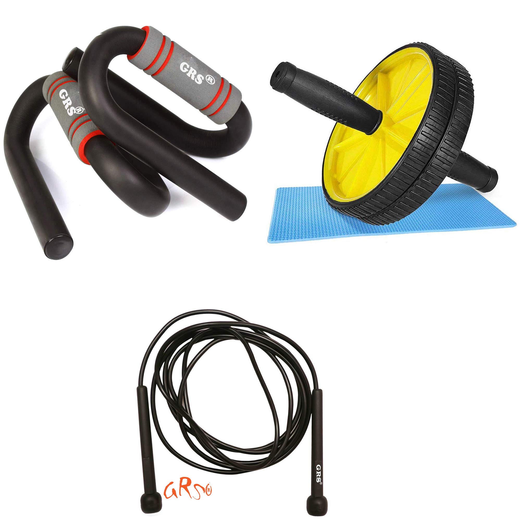 GRS® GR002 Skipping Rope, Strong Steel S Shape Push Up Bar & Double Ab Wheel Roller Core Abdominal Workout Safety Blue Knee Mat (Yellow Color) (kit) for Men & Women Unisex Exercise Combo(Home Gym) (B08B5C8FBW) Amazon Price History, Amazon Price Tracker