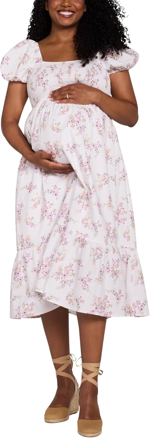 Motherhood Maternity Women's Square Neck Puff Sleeve Smocked Midi Pregnancy Dress