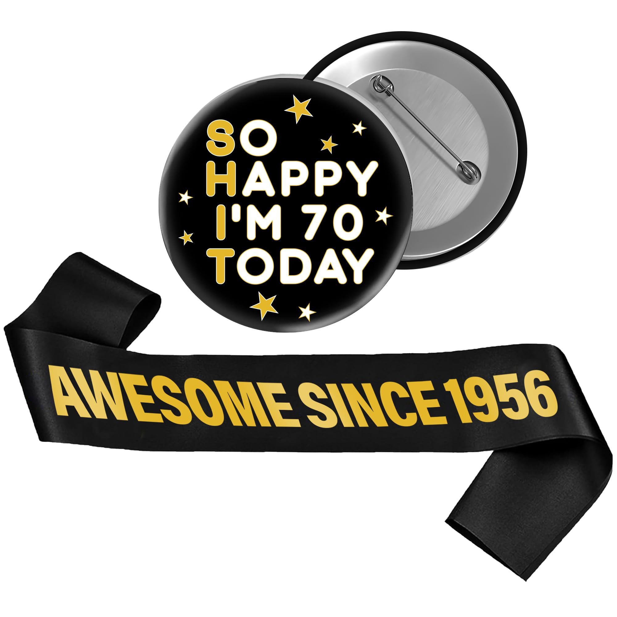 70th Birthday Decorations Men Women - 2 Pcs Black Gold Awesome Since 1956 Satin Sash so Happy I'm 70 Today Metallic Badge Party Accessories for Cheers Seventy Years Old Celebration Decor Supplies