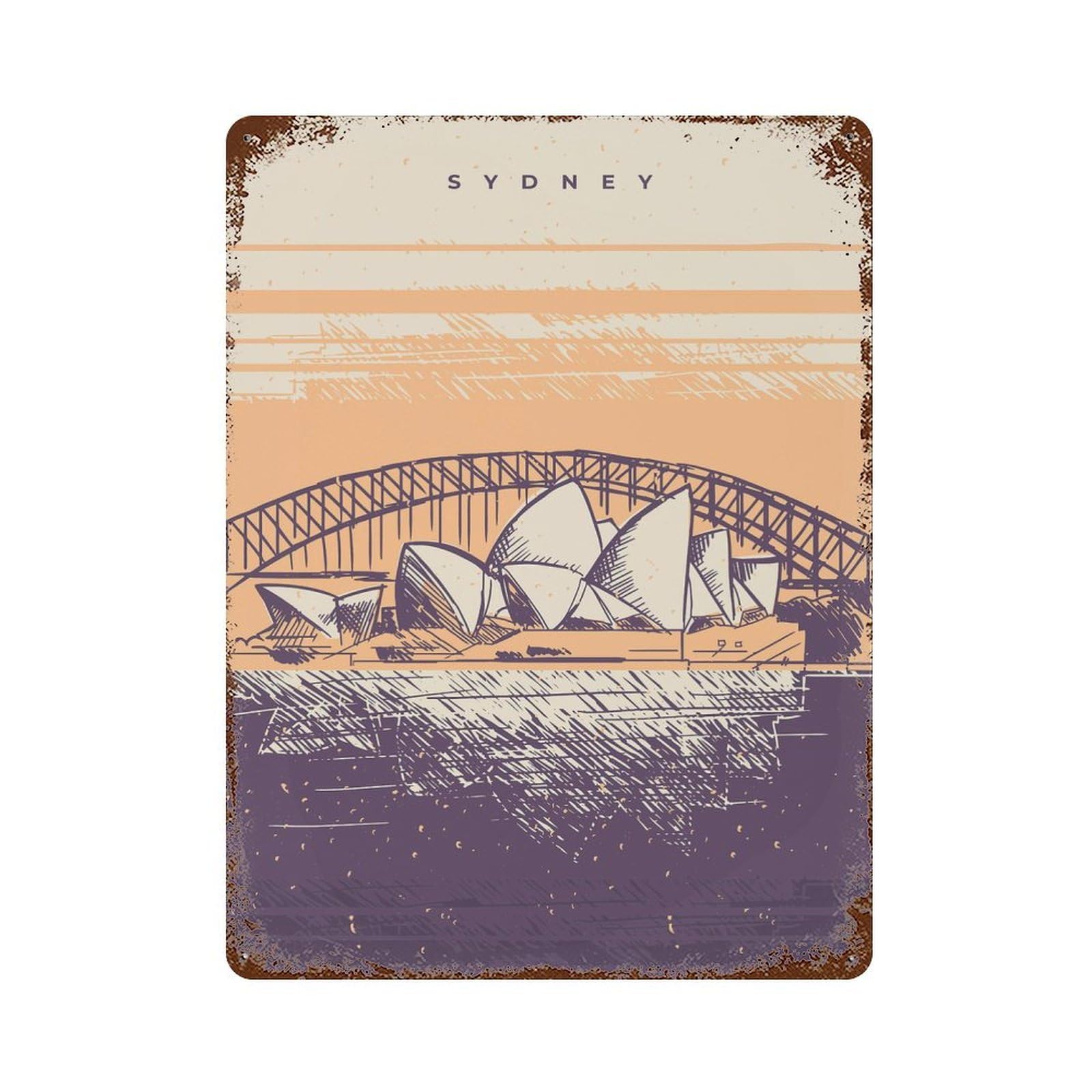 Rust Effect Sydney Landscape Aged Metal Wall Plaque 15.7"x11.8", Shabby Chic Decor for Basement, Hobby Room And Garage Decor