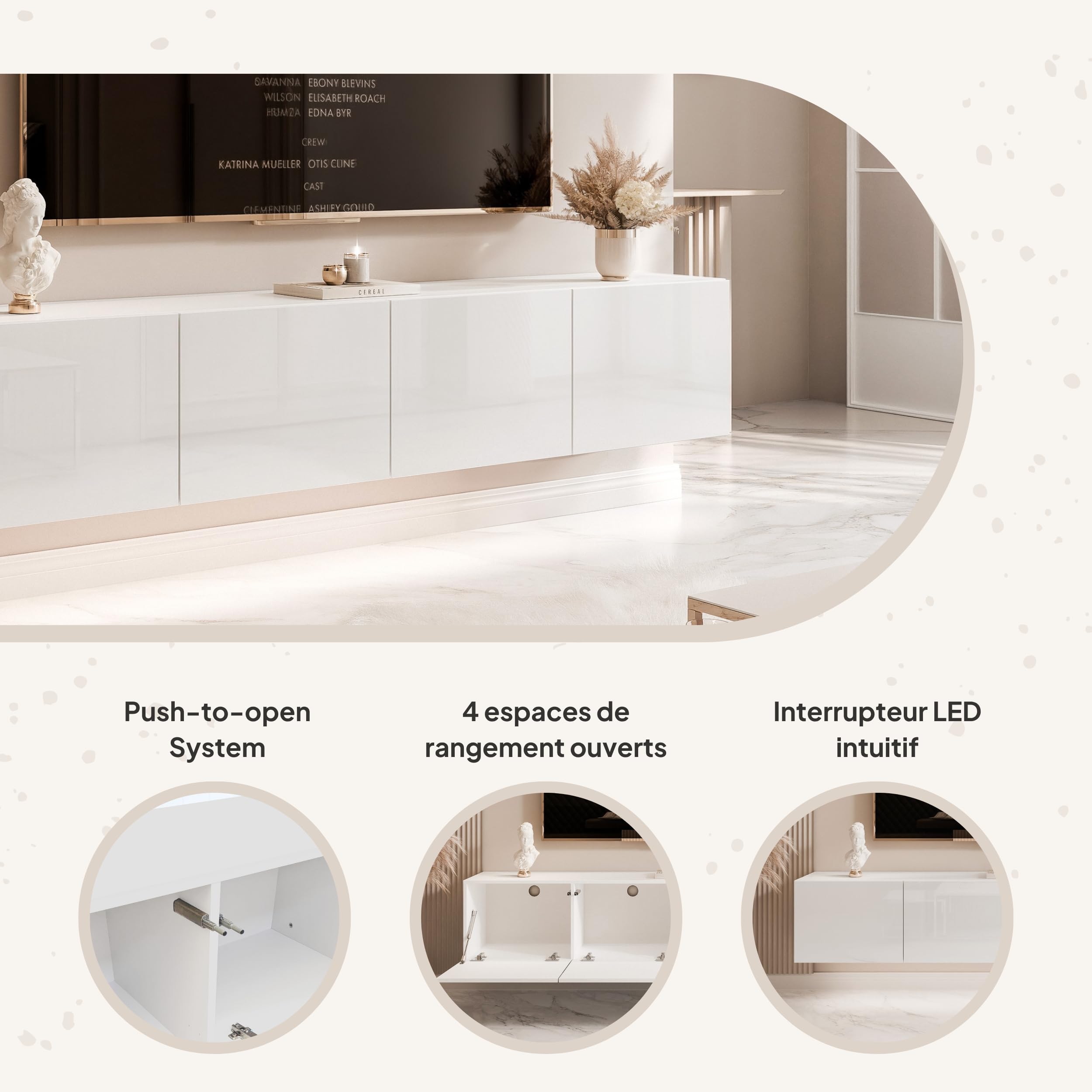 200 cm Meuble TV Suspendu 200 cm avec Rangement et LED - Meuble TV Mural avec 4 Compartiments Spacieux