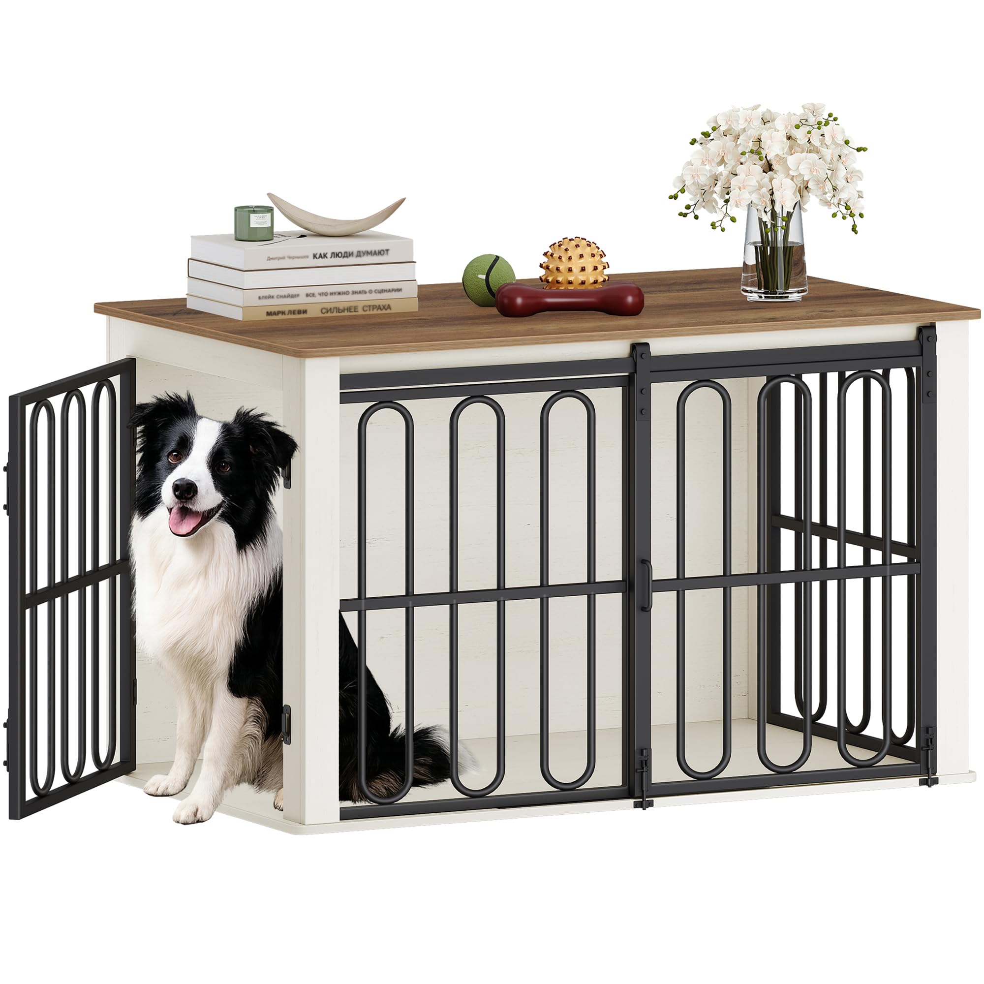 HEXCELEN Jaula para Perros Mueble de Madera, 100 × 60 × 62,4 cm, 2 Puertas, para Interiores, Jaula Resistente para Perro, Mesa Auxiliar, Blanco Marrón, para Perros Pequeños y Medianos, Moderna