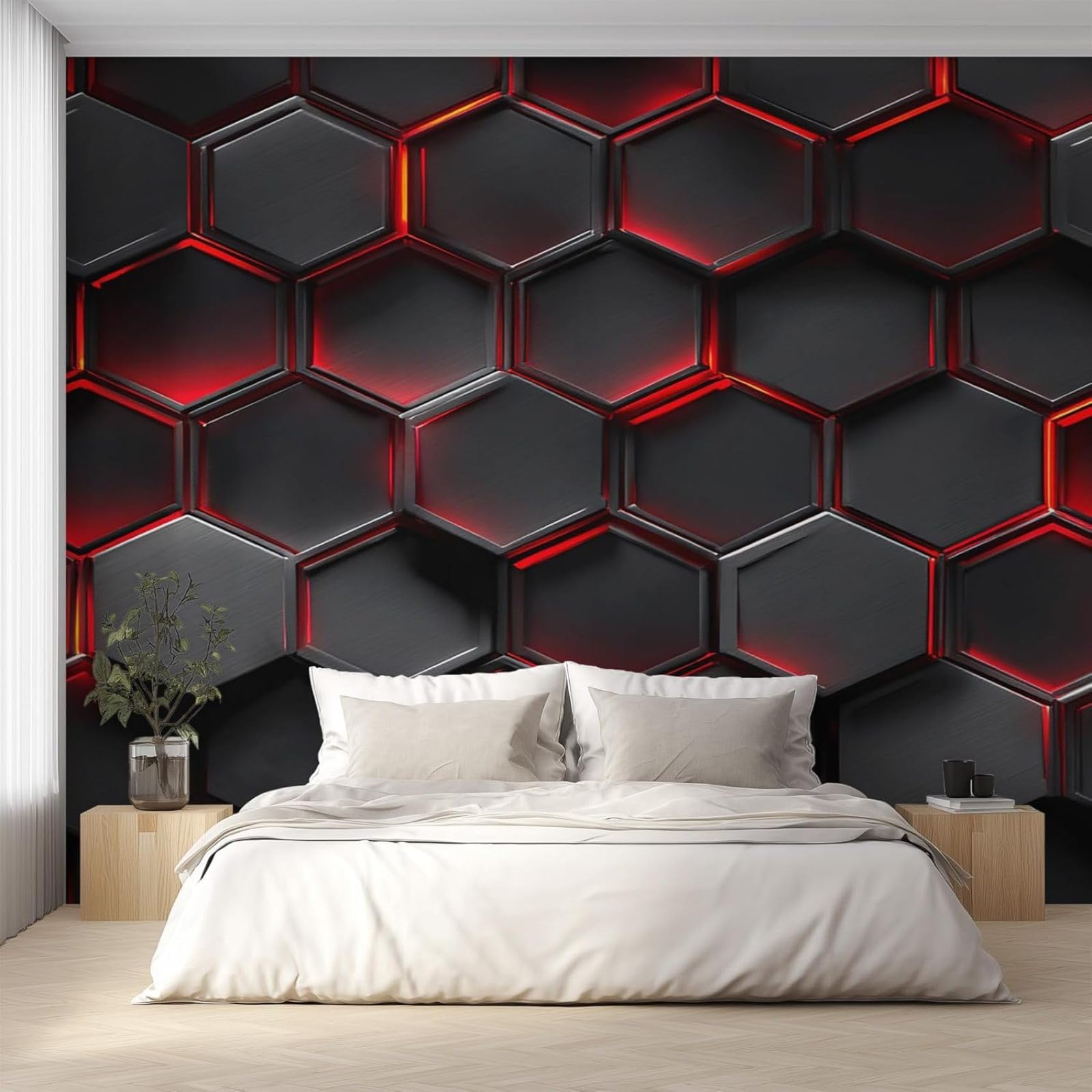 Papel pintado fotográfico hexagonal negro y rojo, papel pintado no tejido con diseño geométrico de panal, mural de pared para salón y dormitorio, 400 cm x 280 cm.