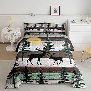 Elk Deer ComforterÂ Set Lodge Cabin Backdrop Queen Bedding Set for Girls,Christmas Reindeer Pine Tree Quilt Woodland Wildlife Moose Duvet Insert,Rustic Home Decor,Green Olive Brown