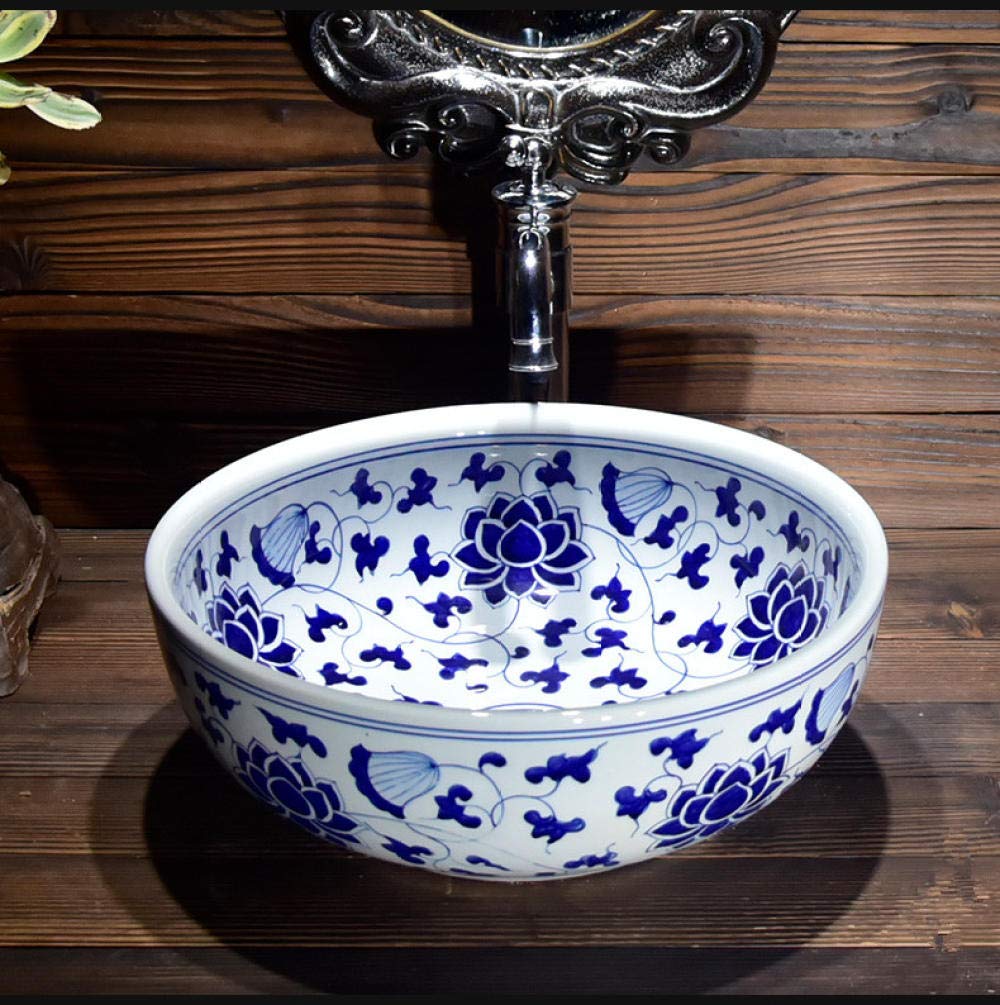 Gljtuo Blue/White Bathroom Vessel Sink,Countertop Basin Art Ceramic Sink,Top Ceramic Sink Countertop,Bathroom Sink, And -Basin Only,
