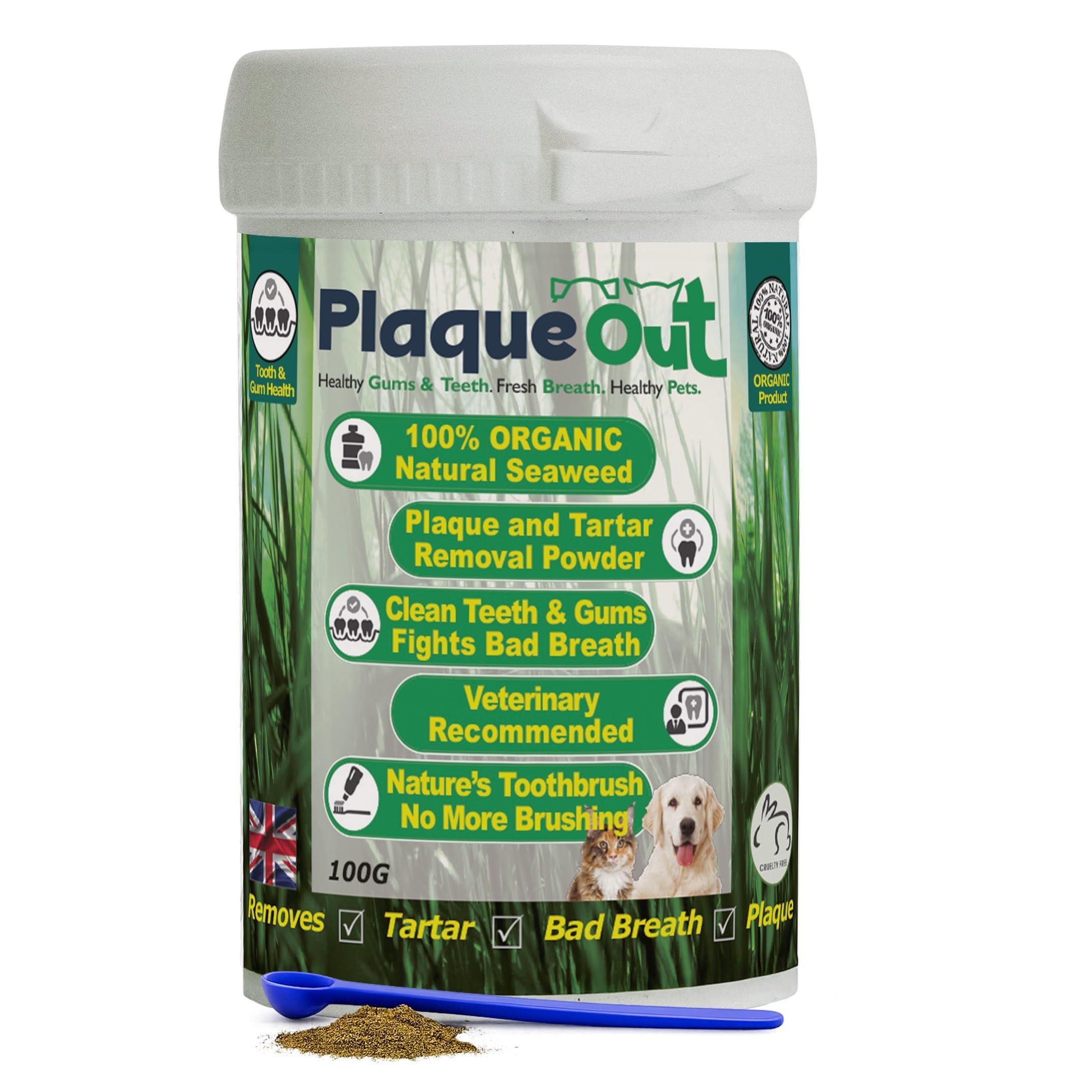 100g Pot - Plaque Off Remover - 100% Natural and Organic Seaweed Powder for Dogs & Cats - Dog Teeth Cleaning, Plaque Removal, Pet Dental Care, Bad Breath, Gum Care and Tartar Control