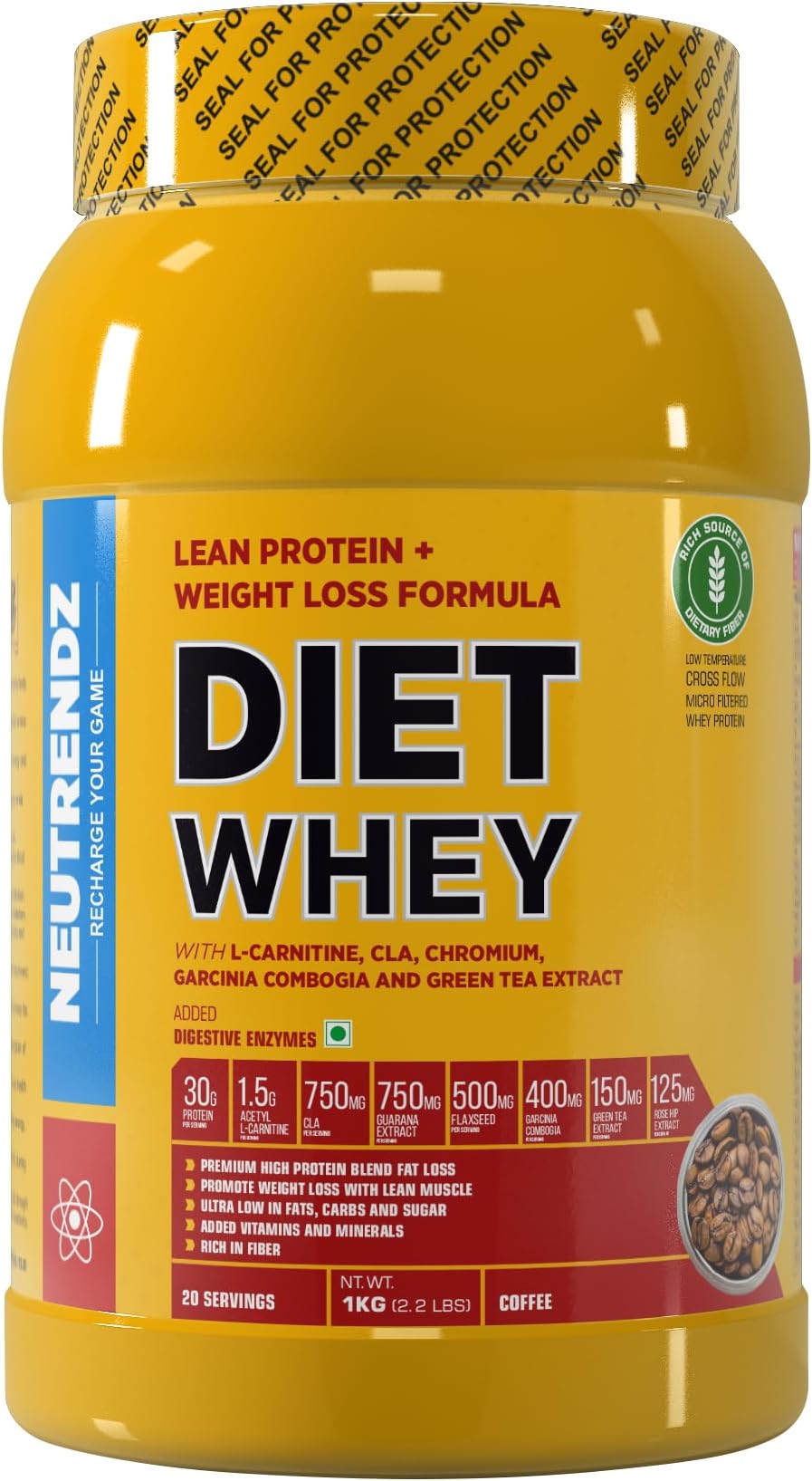 Diet Whey 30g Protein Powder | High Protein with Whey Isolate & Concentrate, Fiber, L-Carnitine, CLA, Green Tea, Green Coffee, MCT & Digestive Enzymes | Lean Nutrition Formula (1kg, Coffee)