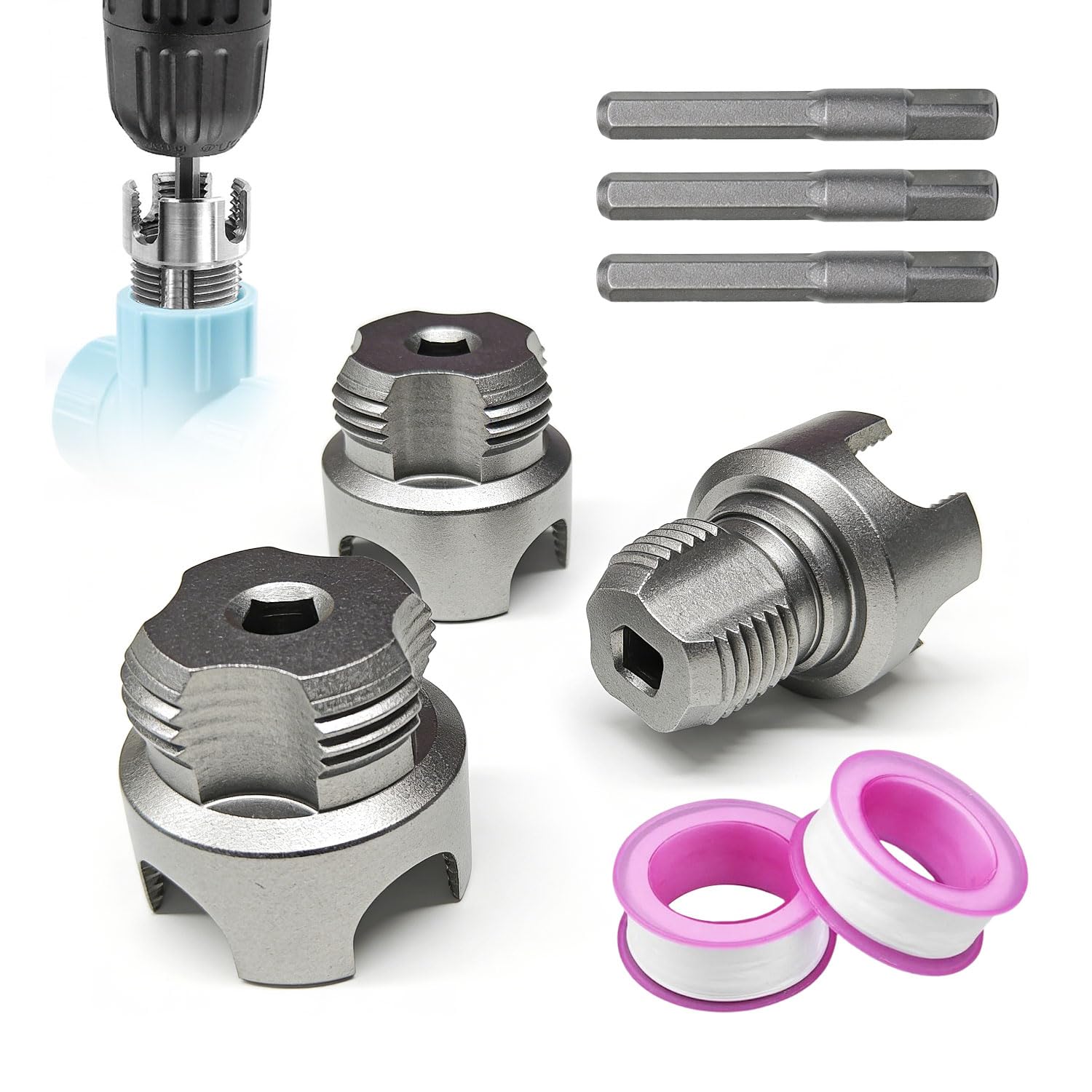 Kit de 3 Fileteuses PVC 1/2", 3/4", 1" -Outil pour Fileter les Tuyaux Intégré, Kit de Taraudage PVC 2-en-1, pour Tuyaux Plastique PPR/PVC/MPP -Installation et Réparations Domestiques