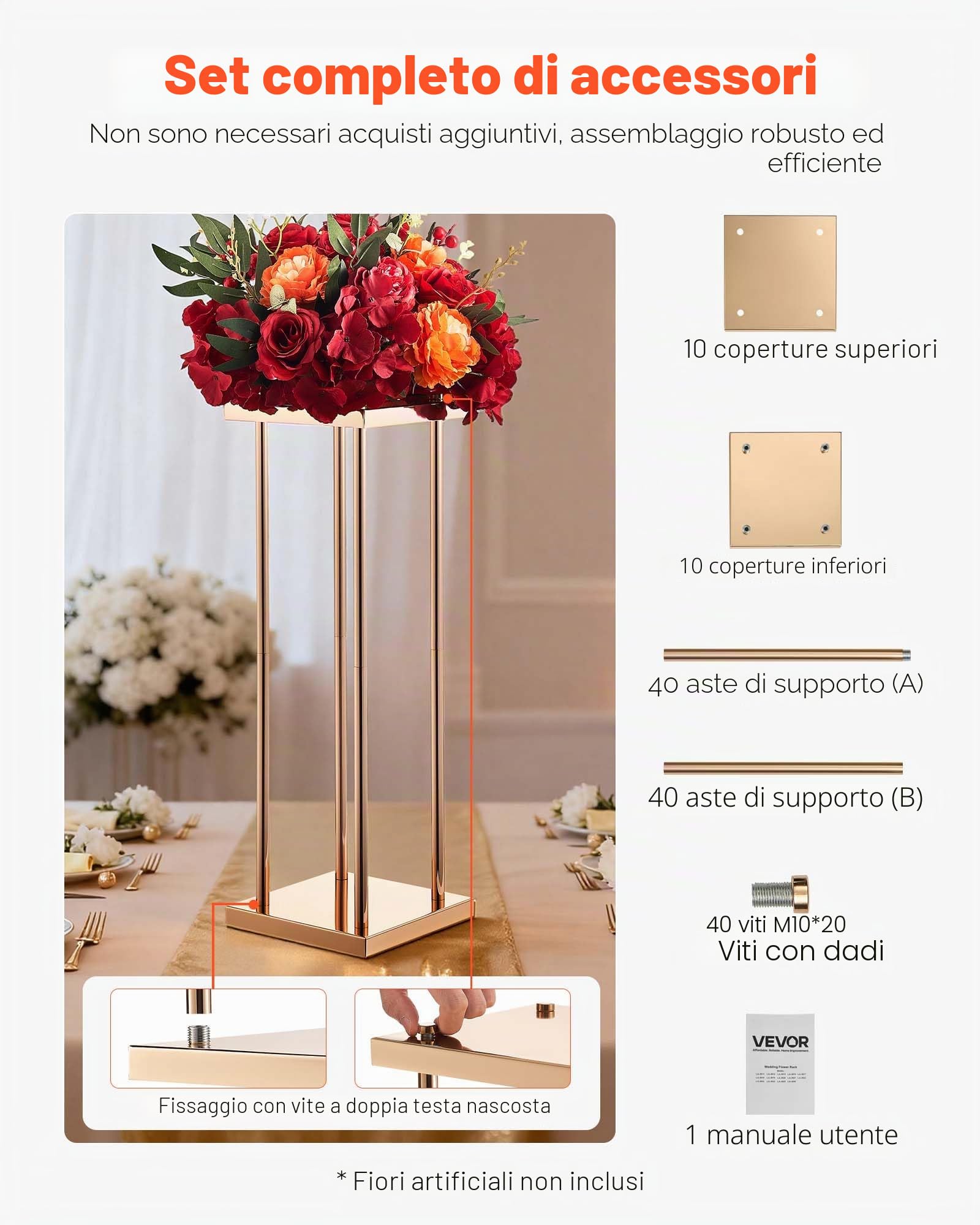 VEVOR Portafiori da Matrimonio 10 Pezzi da 60 cm, Portafiori a Colonna con Laminato Metallico, Espositore Floreale Cubico Cilindrico per Matrimoni, Feste, Compleanni, Casa, Centrotavola Oro Francese