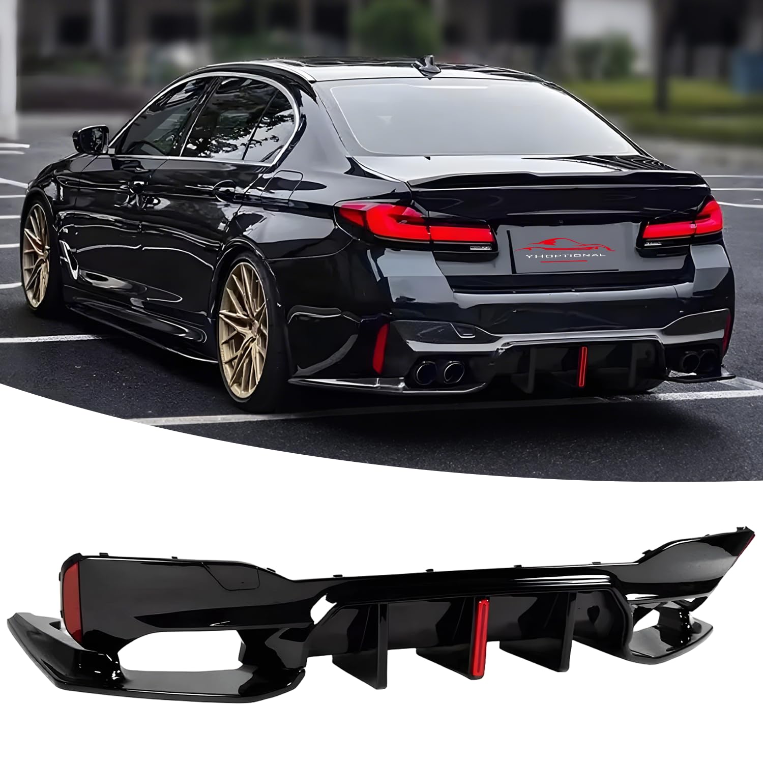 Rear Bumper Lip Diffuser for 2017-2023 BMW 5 Series G30 G38 M5, G30 Diffuser Valance Panel Body Kit, BMW G30 Accessories (w/Strobe LED Light)