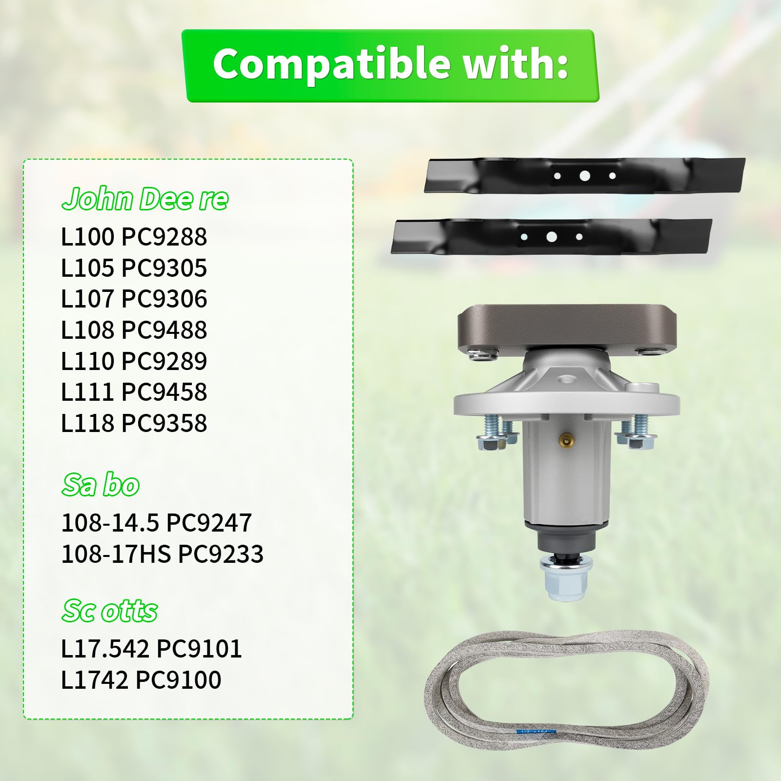 Kit di ricostruzione per tosaerba John Dee re Sa BRE Scot ts, (2) mandrino GY20050, (2) lama per tosaerba GX20433, (1) cinghia GX20433, compatibile con L100 L110 L118 L111 L108 L105 L107 L1742