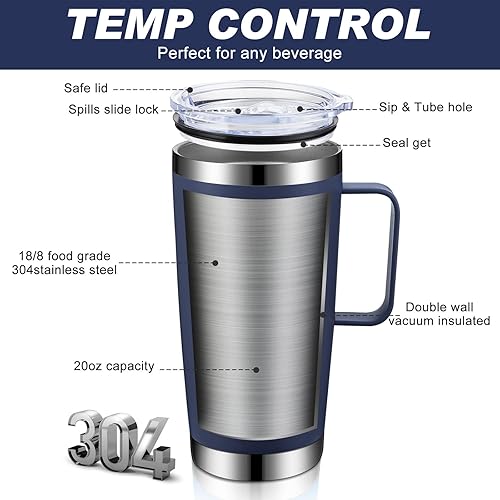 Miniatura 4 de Sieral 4 vasos de viaje aislados de 20 onzas con tapa, popote y asa, taza de doble capa de acero inoxidable al vacío (azul)