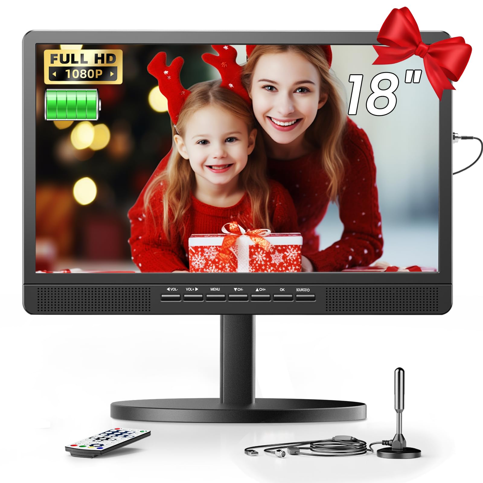 Desobry 18 pollici TV portatile con antenna, Mini TV LCD con sintonizzatore DVB/T2, 12V televisione ricaricabile 6000mAh con supporto rotondo per campeggio all'aperto, camera da letto, cucina