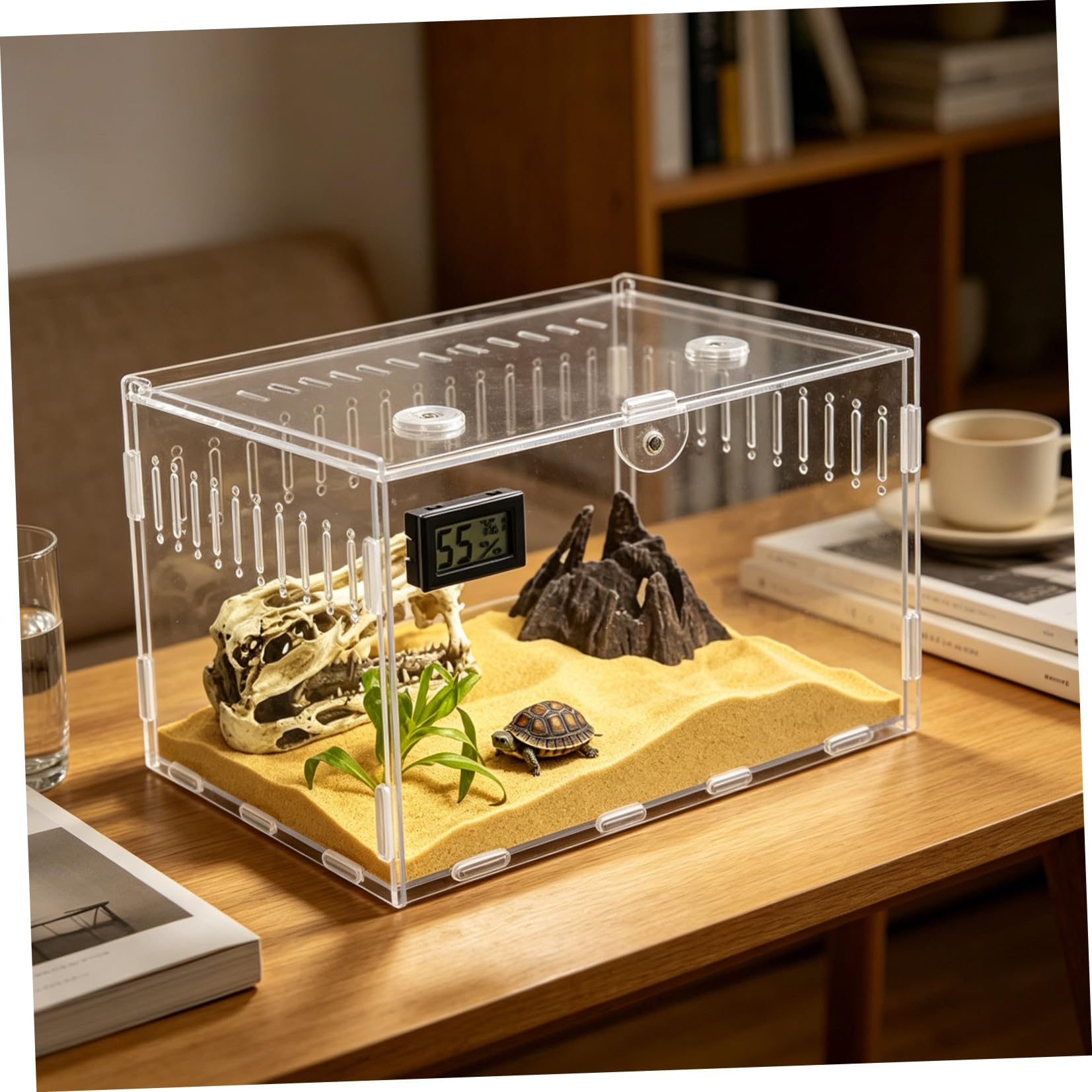 Terrario Fondo Rimovibile 360° in Acrilico Trasparente per Rettili con Termometro Igrometro Integrato e Ventilazione, per Allevatori di Serpenti e Gechi Leopardini