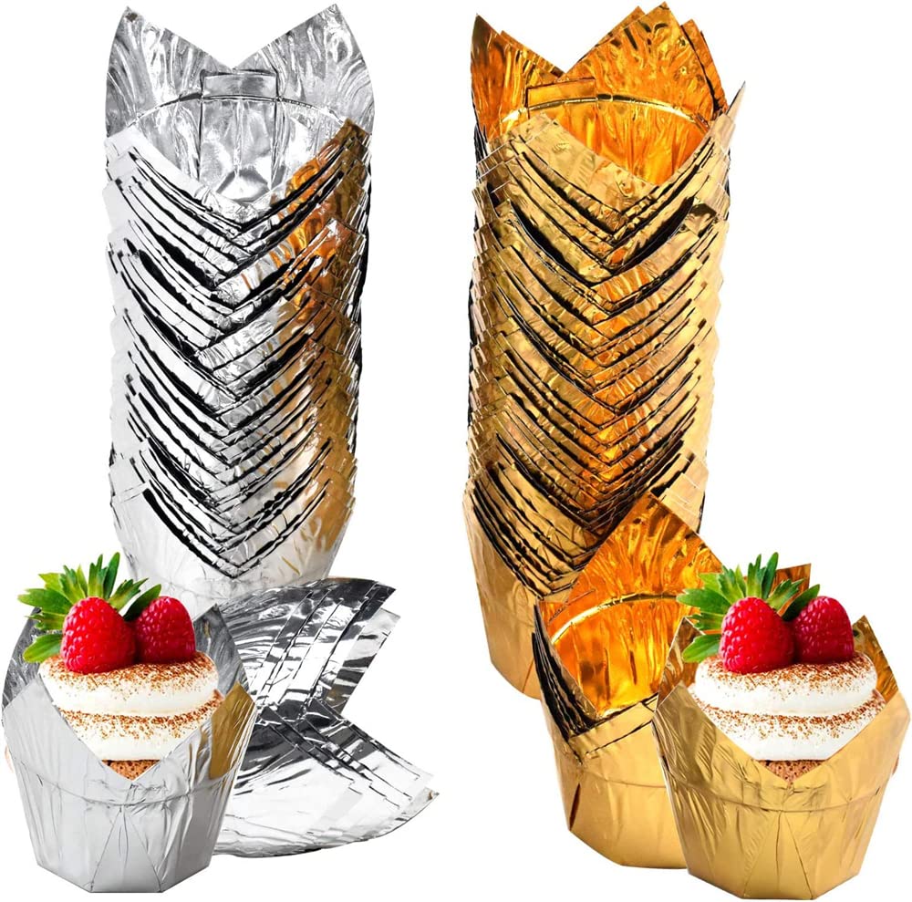 AzoneeBaking Paper Cups, 100 Pcs Cupcake Molds, Muffin Cases, Tulip Baking Cups, Muffin Liners, for Medium Large Cupcakes Mini Cake Party Birthday (Silver + Gold)