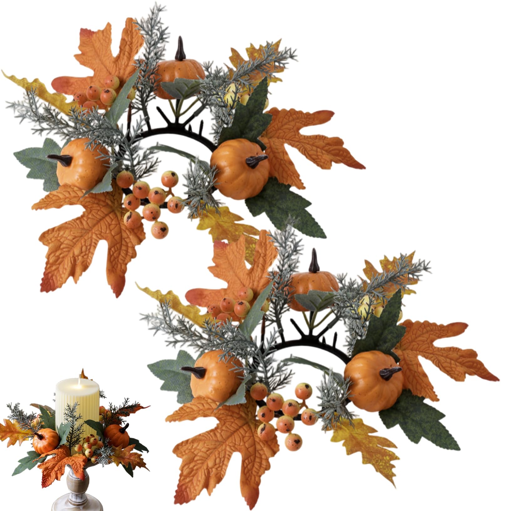 XVHOAB 2Pcs Fall Candle Rings, Pumpkin Maple Leaf Berry Candle Rings Wreaths 3 Inch Center Small Wreath for Farmhouse Table, Front Door, Indoor