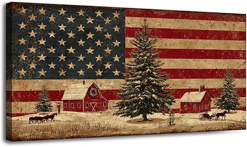 30"x 60" Canvas Wall Art Country Winter Scene Christmas Tree Red Barn Vintage Framed Pictures Painting Prints Large Wall Art for Living Room Bedroom