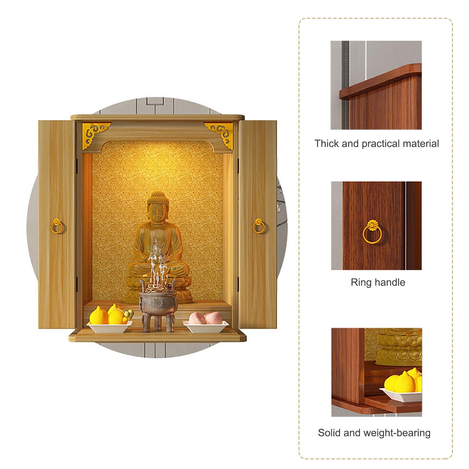 Persönlicher Altartisch, Wandmontierter Buddha-Statuenständer, Altartisch für Puja, Wahrsagerei, Anbetung, Präsentation von Gefäßen, Pflanzen und Büchern (Holz, 60 x 33 x 53 cm / 24 x 13 x 21 Zoll)