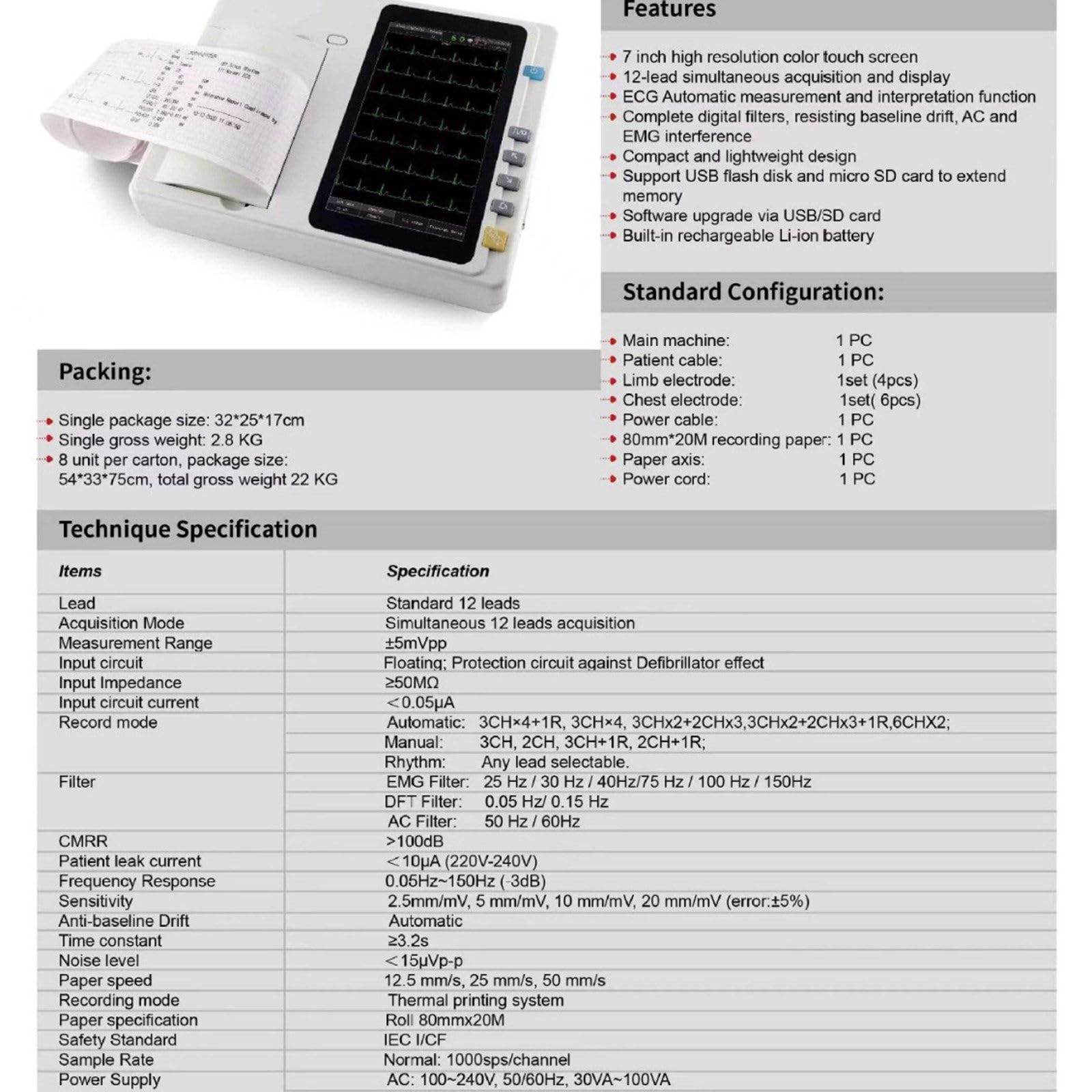 Moniteur ECG Portable - électrocardiographe à écran Tactile 7 Pouces, Moniteur Cardiaque, électrocardiographe Couleur LCD 3 Canaux à 12 Dérivations, pour La Surveillance des Signes Vitaux