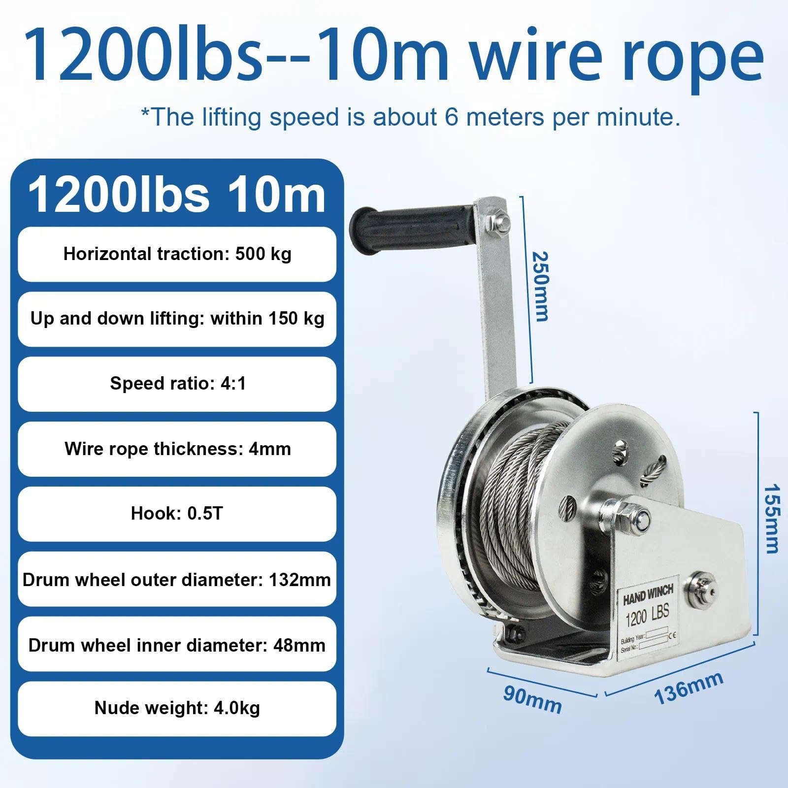 Verricello Manuale Piccolo Inox 10m, 1200lbs/2600lbs(1200lbs) | Argano Manuale a Fune con Freno Automatico e 10m Cavo per Rimorchio/ Barca, Argano a Cricchetto Manuale per Tirare/Sollevare