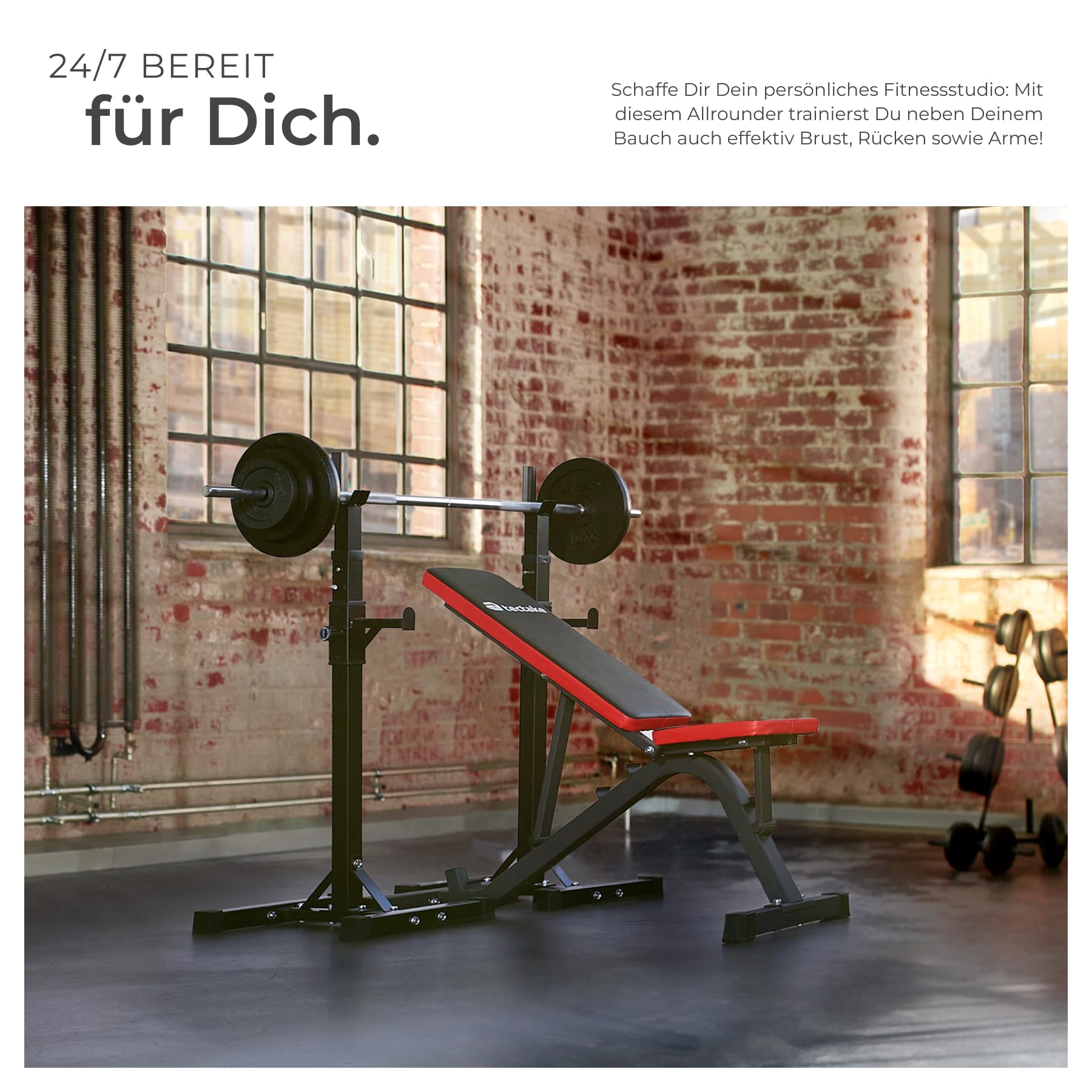 tectake® Hantelbank Schrägbank, Bank mit Schnellverstellung, Trainingsbank mit Rückenablage 4-fach, Sitzfläche 2-fach verstellbar, gepolstert, rutschfest, Fitnessgeräte für Zuhause, Home Gym