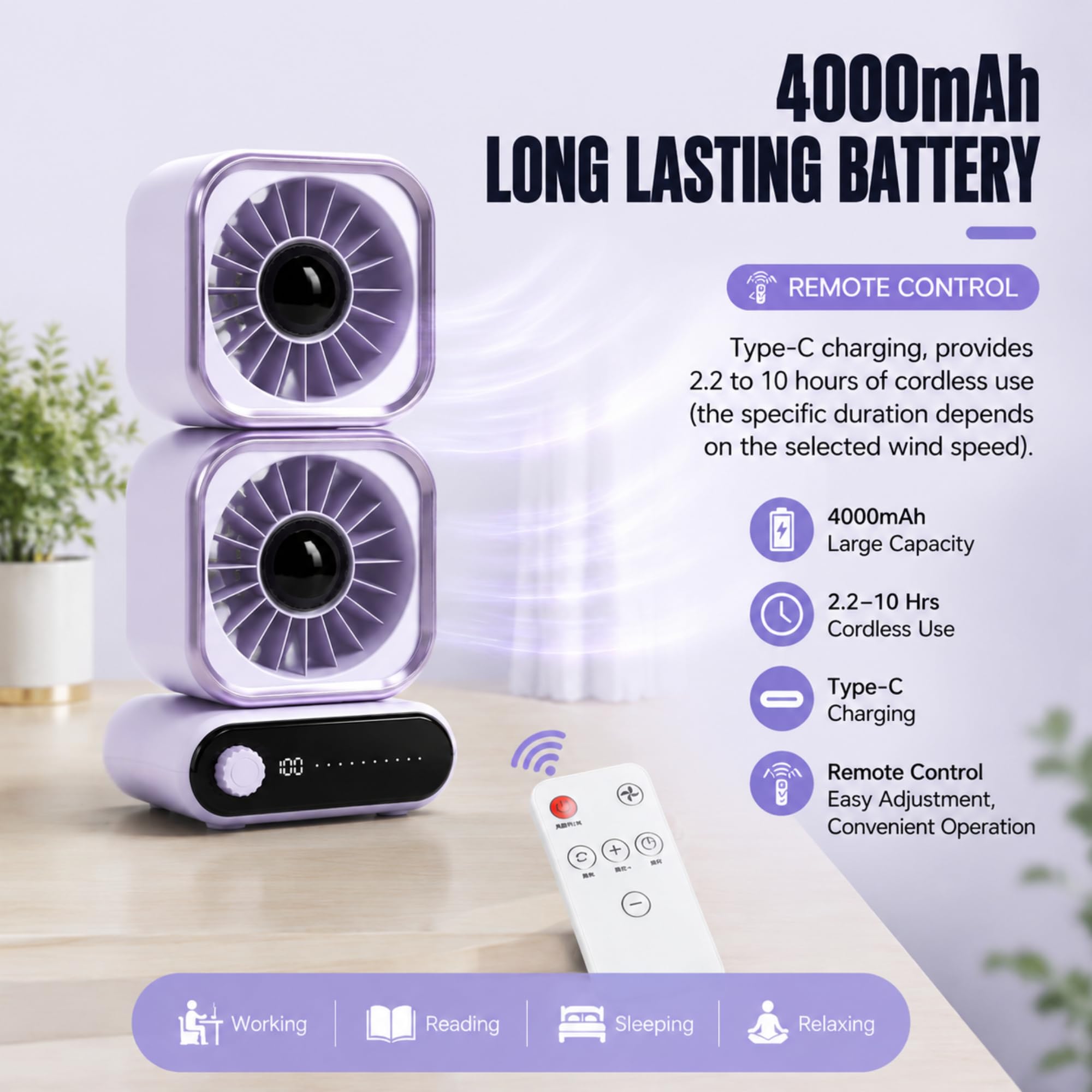 Ventilador de Escritorio de Doble Cabezal, Ventilador Recargable USB, Batería de 4000 MAh, 100 Velocidades Ajustables, Funcionamiento Silencioso, Rotación de 360 ​​grados,