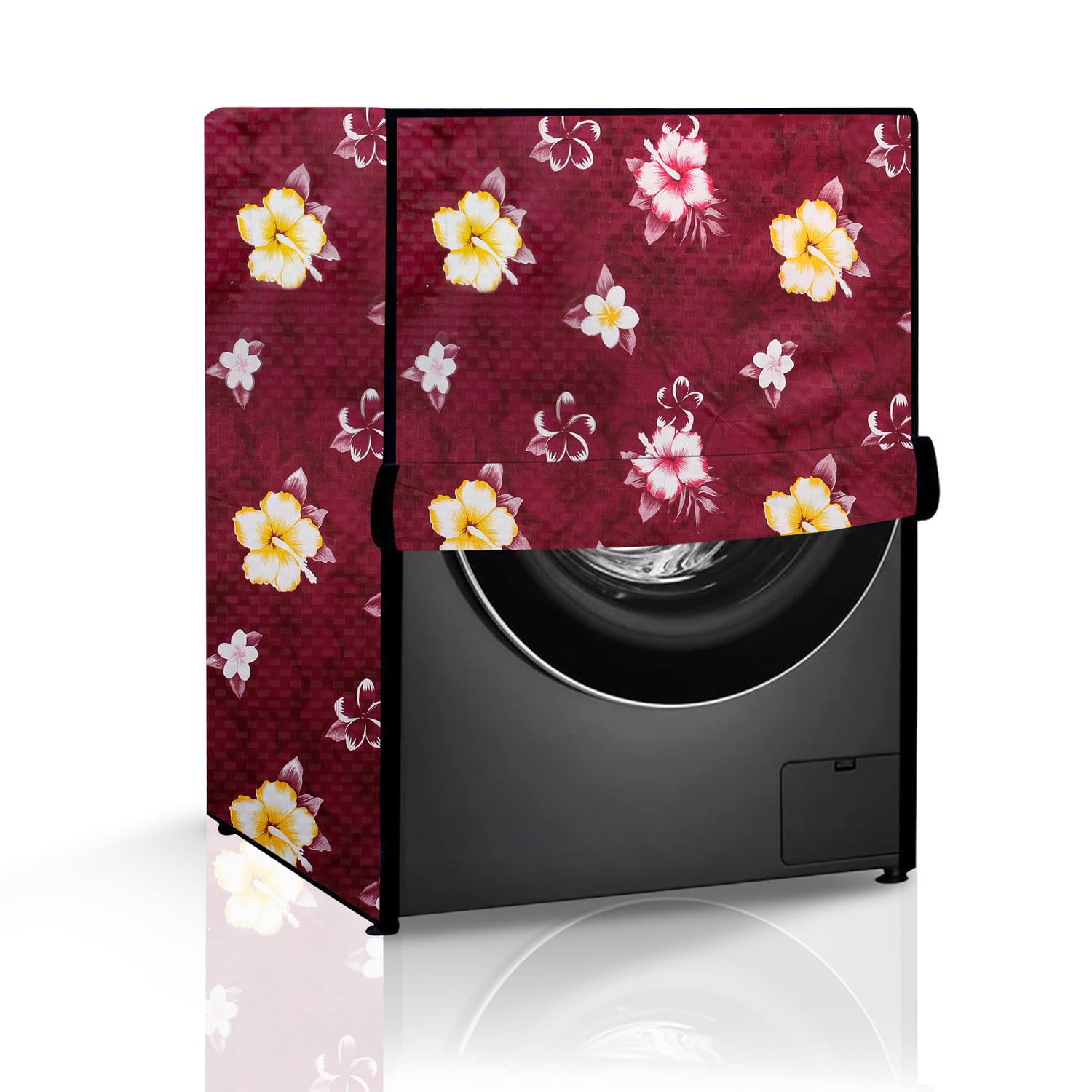 The Furnishing Tree Fully Automatic Front Load Washing Machine Cover | Waterproof & Dustproof | Easy to Clean | Inlet & Outlet Pipe Provision | Durable & Wipeable, Floral Red, PVC, (63x63x86 CM)