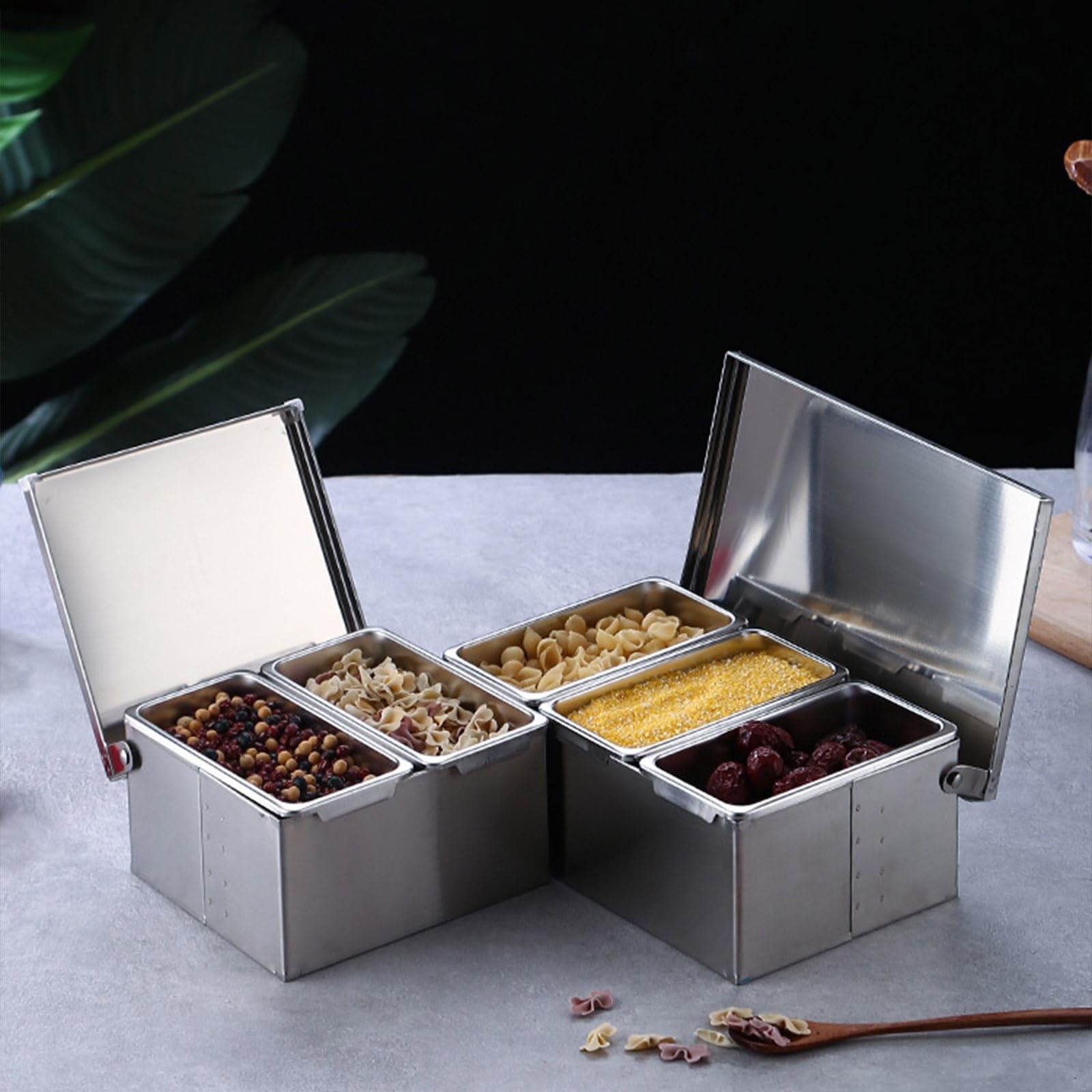 Práctica caja de almacenamiento de condimentos de acero inoxidable, multisección, esencial para cocinar organizada y preparaciones de comidas, dispensador de condimentos de grado alimenticio