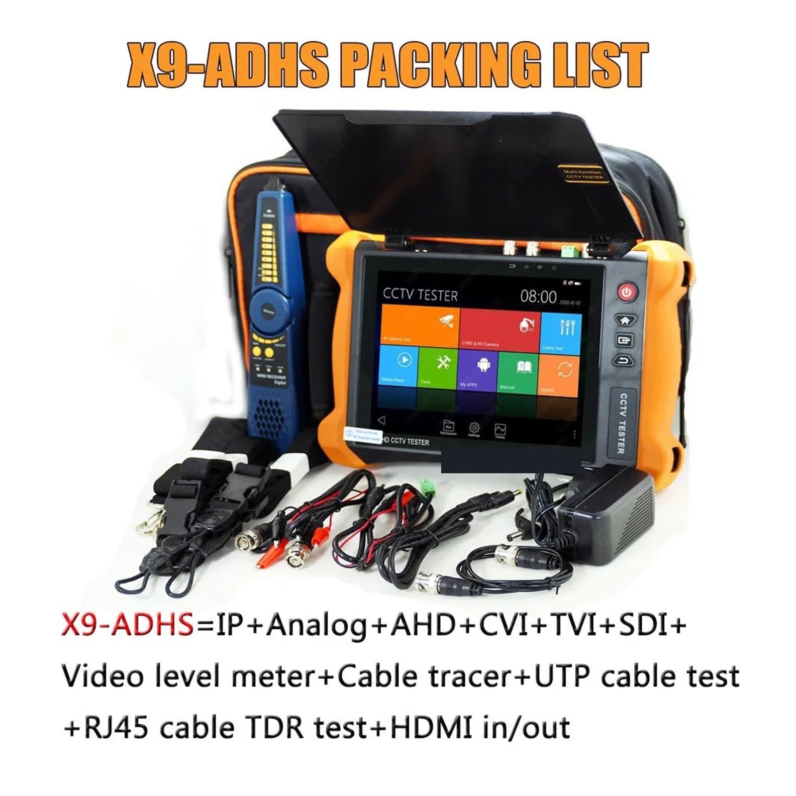 X9MOVTADHS – Testeur De Vidéosurveillance Fonctionnel 8 Pouces, Caméra 8MP CVI TVI AHD EX-SDI IP, Câble TDR Rapide, Compteur De Niveau Vidéo(X9 ADHS)