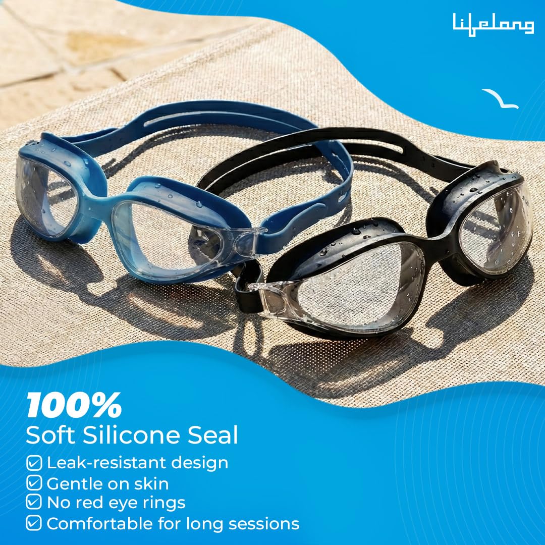 Lifelong Swimming Goggles for Men & Women | Swim Goggles for Adults with Adjustable Strap | UV Protection & Anti-Fog Swimming Glasses | Silicone Swim Goggles| Universal Fit Nose Bridge, Blue