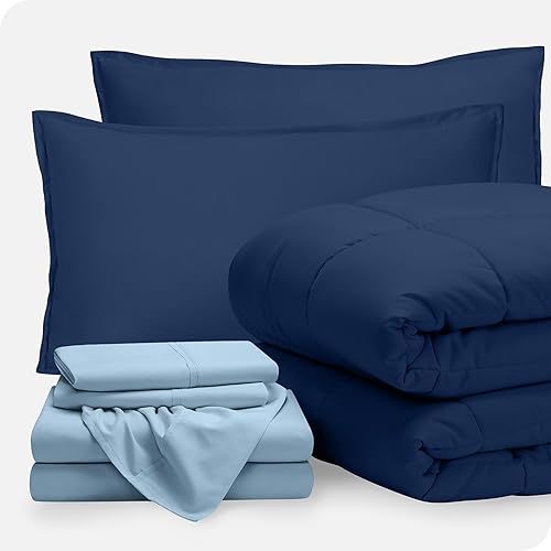 Bare Home Bed-in-A-Bag 7 Piece Comforter & Sheet Set - California King - Goose Down Alternative - Ultra-Soft 1800 Premium Bed Set (Cal King, Dark Blue/Light Blue)