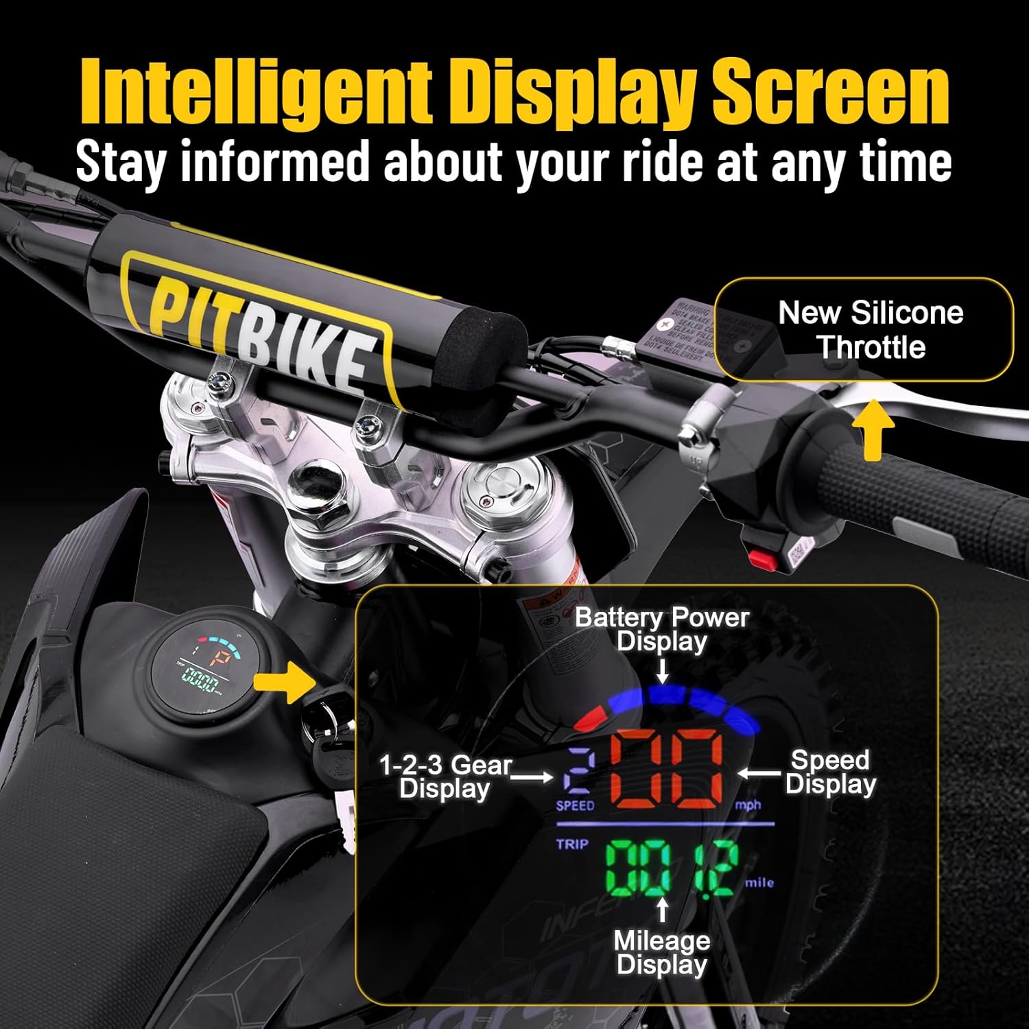 Intelligent display screen showing battery, speed, gear, and mileage on the KOOZ HP117E electric dirt bike