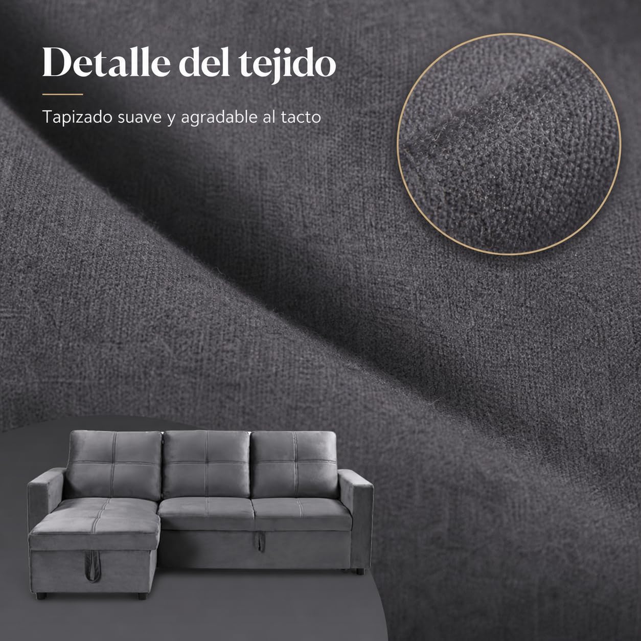 Sofá Cama Chaise Longue BOGA 3 Plazas Gris Terciopelo 215 x 135 cm - Cheslong Reversible con Arcón y Almacenamiento - Sistema de Arrastre - Tapizado Suave - Armazón Pino Macizo - Salón