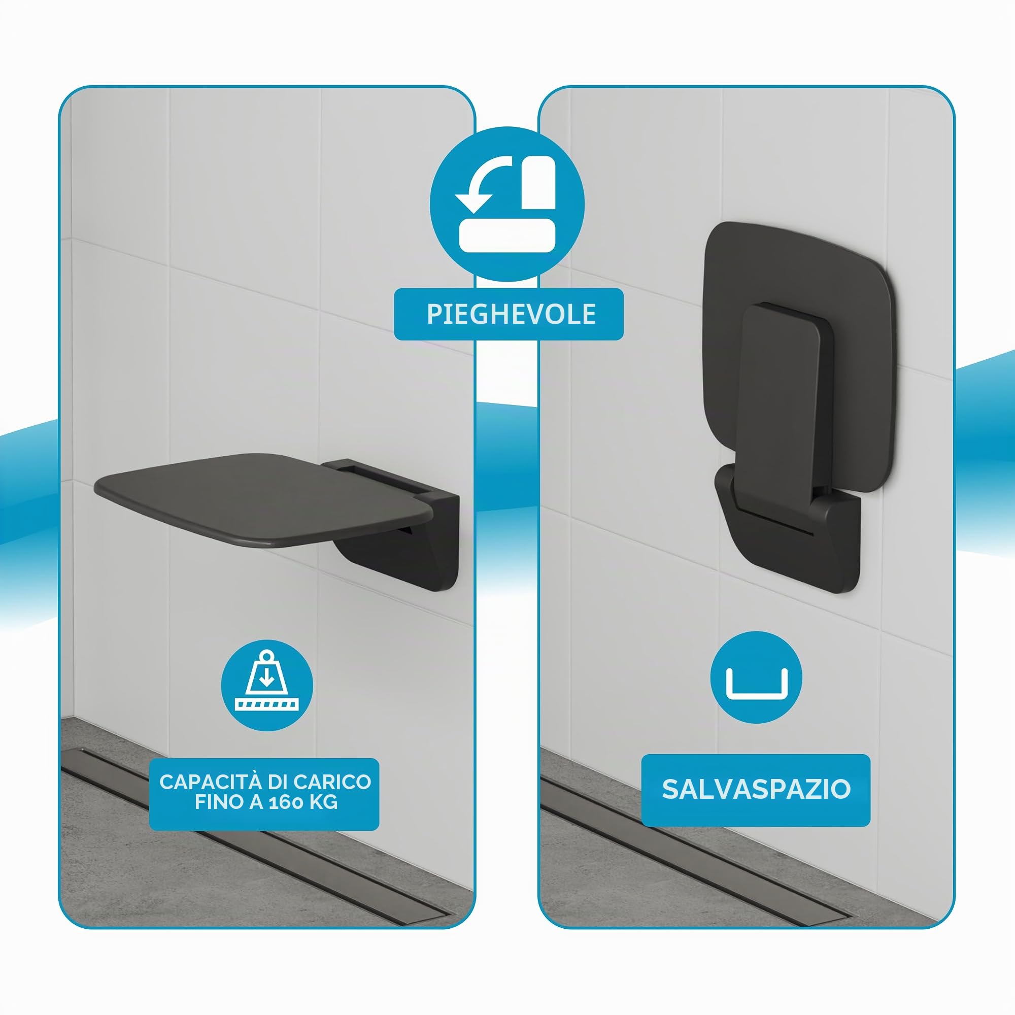 Aqua Bagno Sedile pieghevole per doccia per montaggio a parete, portata fino a 160 kg | Sedile da doccia nero, sedile pieghevole per doccia per anziani