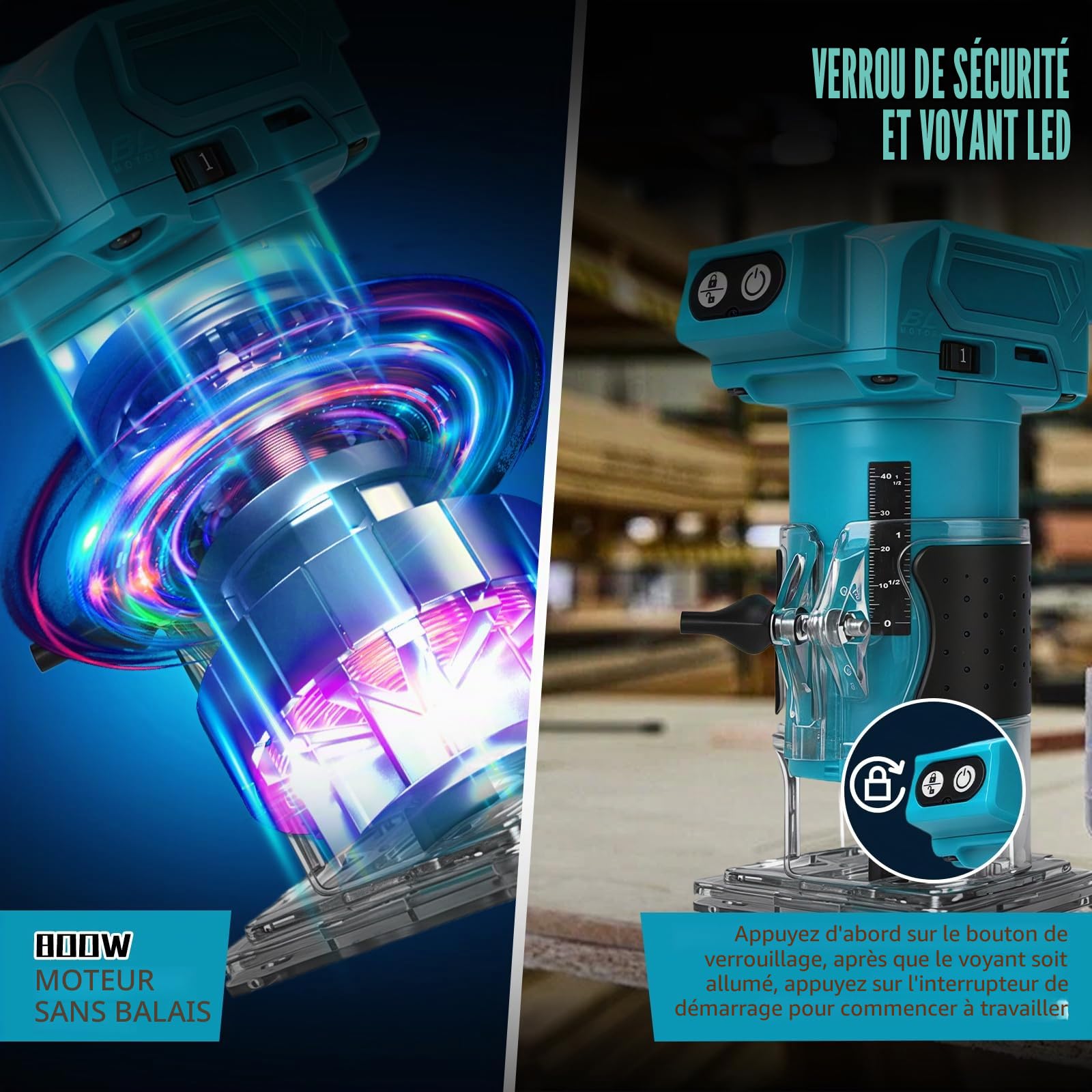 Défonceuse sans fil avec 5 vitesses pour Makita 18V (sans batterie) | Tondeuse à bois, 800W, sans balais, 10000-30000 tr/min, guide droit, 15 forets, fraiseuse manuelle
