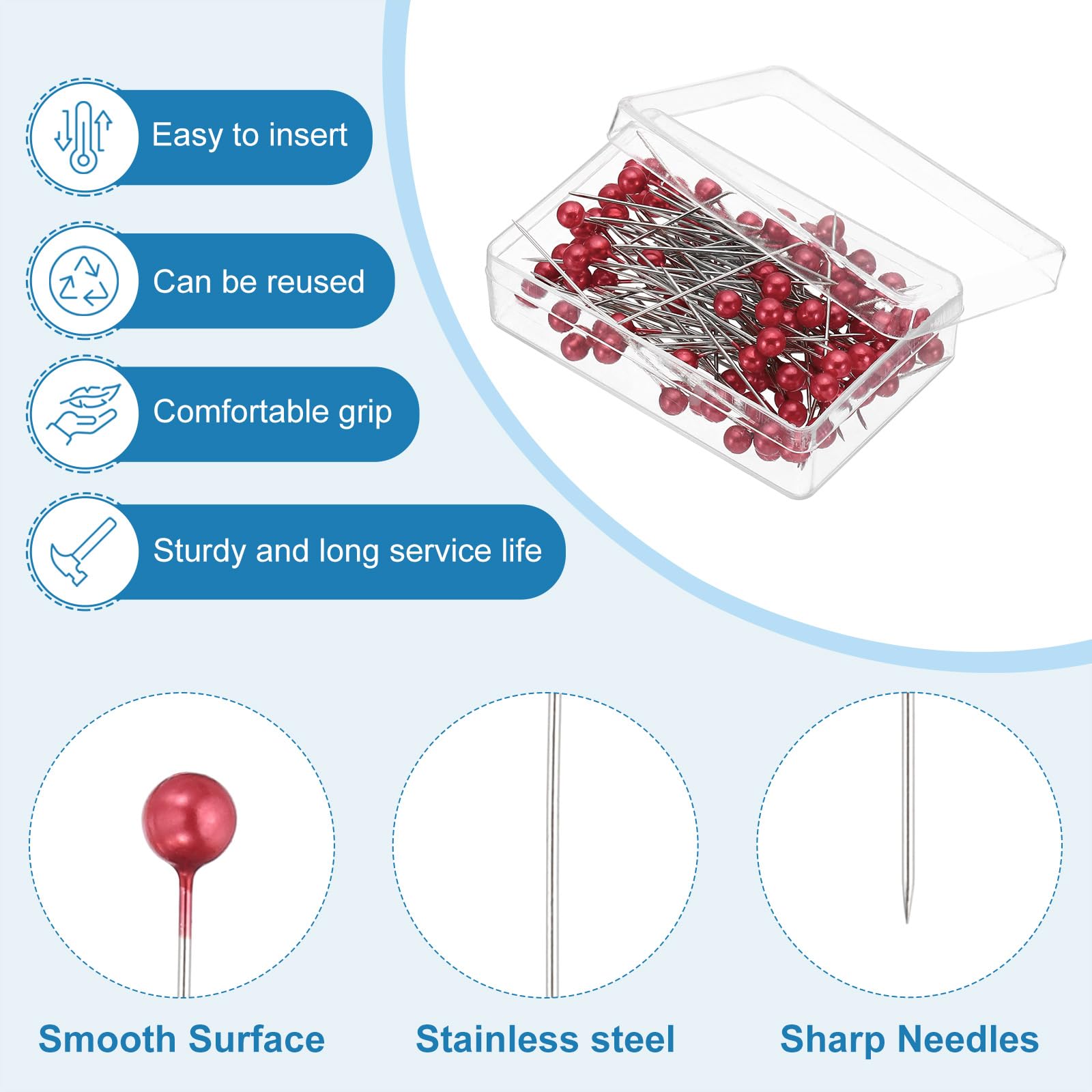 PATIKIL Lot De 500 épingles à Coudre Droites De 3,8 Cm Avec Tête Sphérique En Plastique Nacrée Pour Tissu, Décoration, Bijoux, Artisanat Et Projet De Couture, Rouge